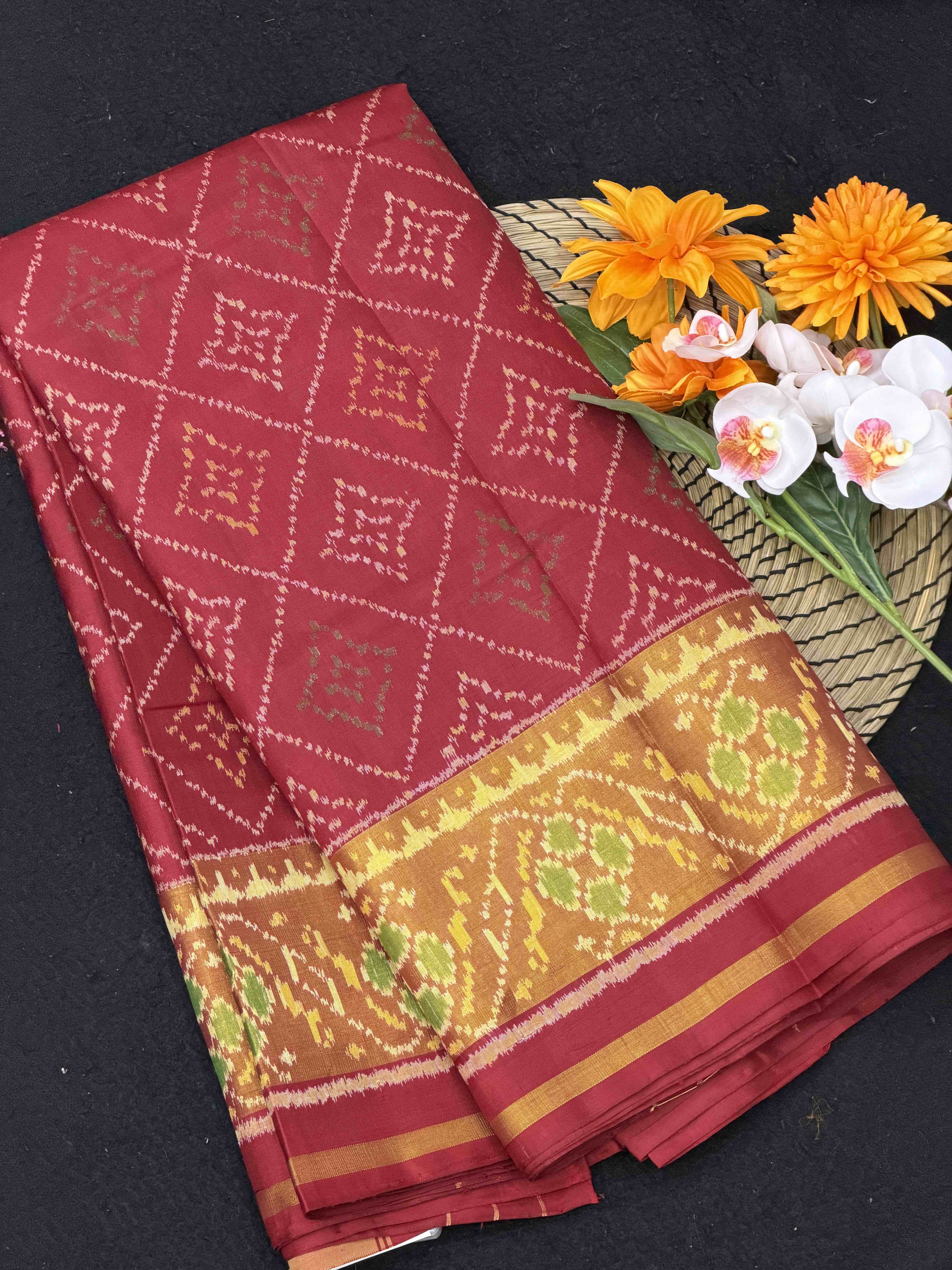 Maroon Rajkot Patola Saree with Traditional All-Over Geometric Pattern