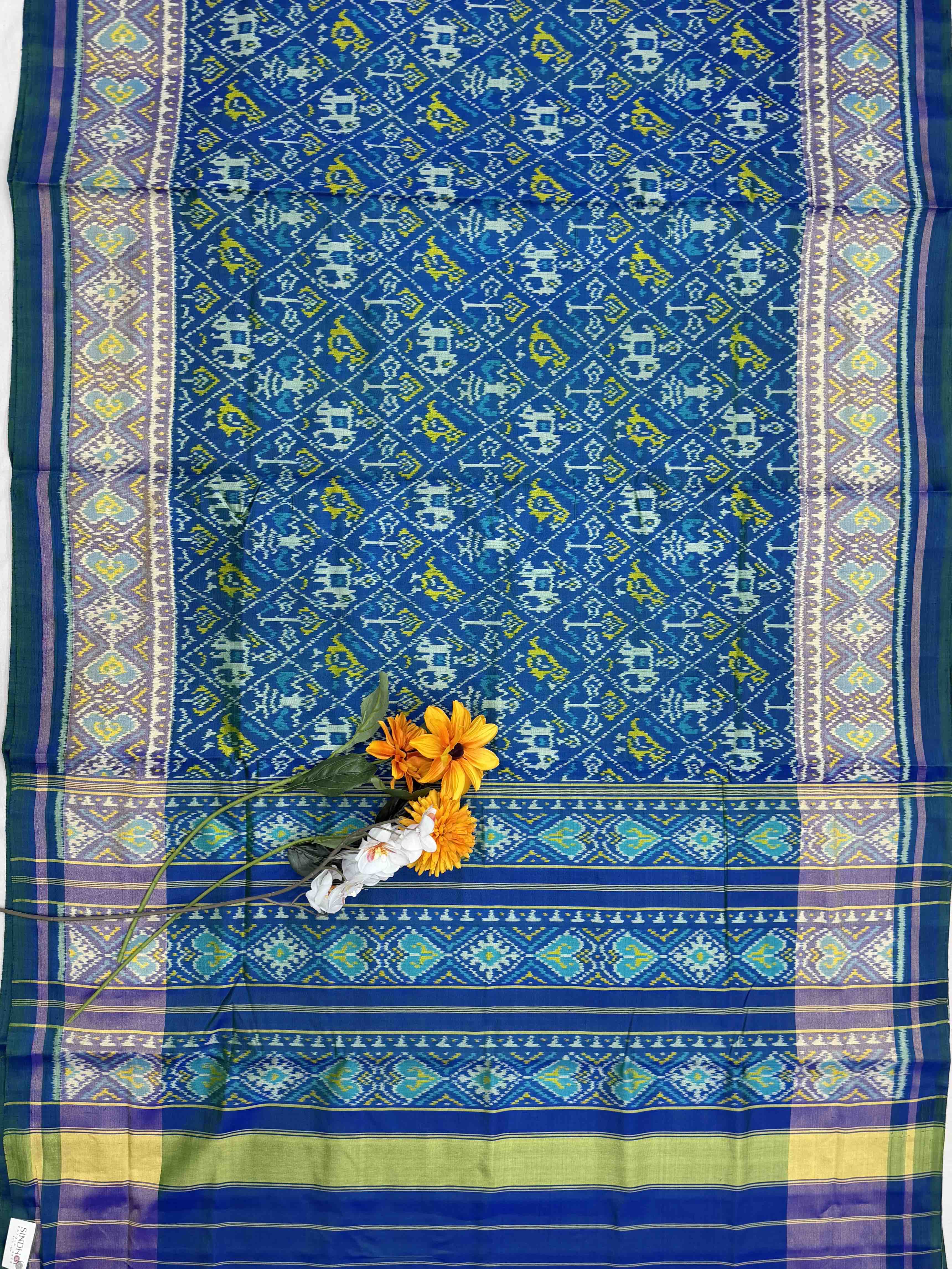 Pure Silk Peacock Blue Rajkot Patola Saree with Intricate Heart Ikat Pallu
