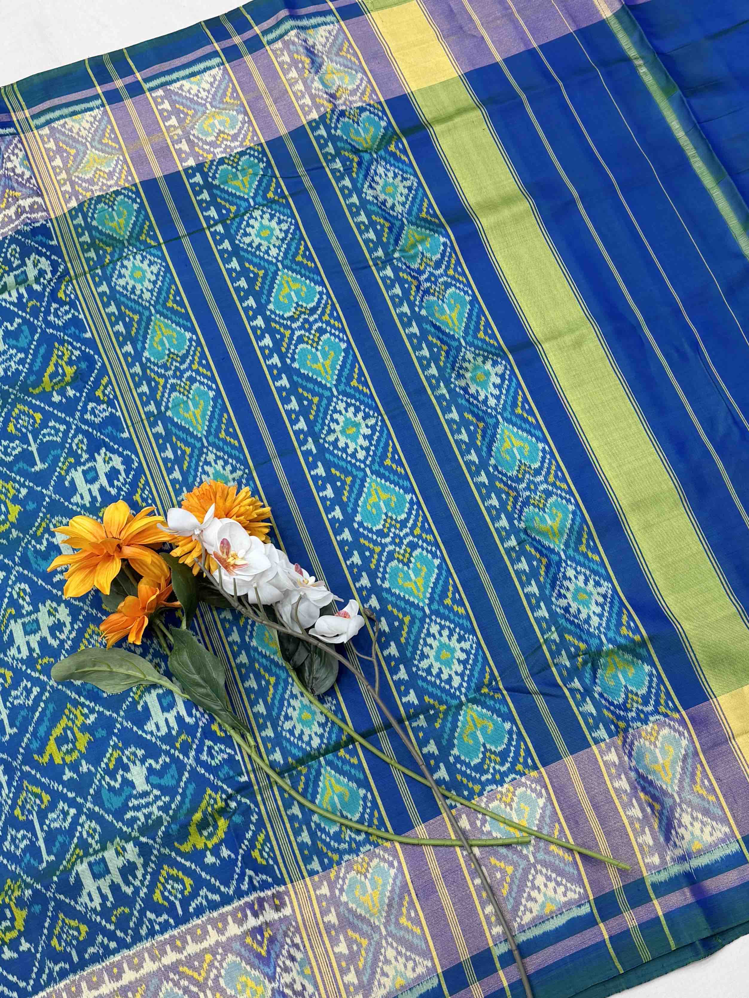 Pure Silk Peacock Blue Rajkot Patola Saree with Intricate Heart Ikat Pallu