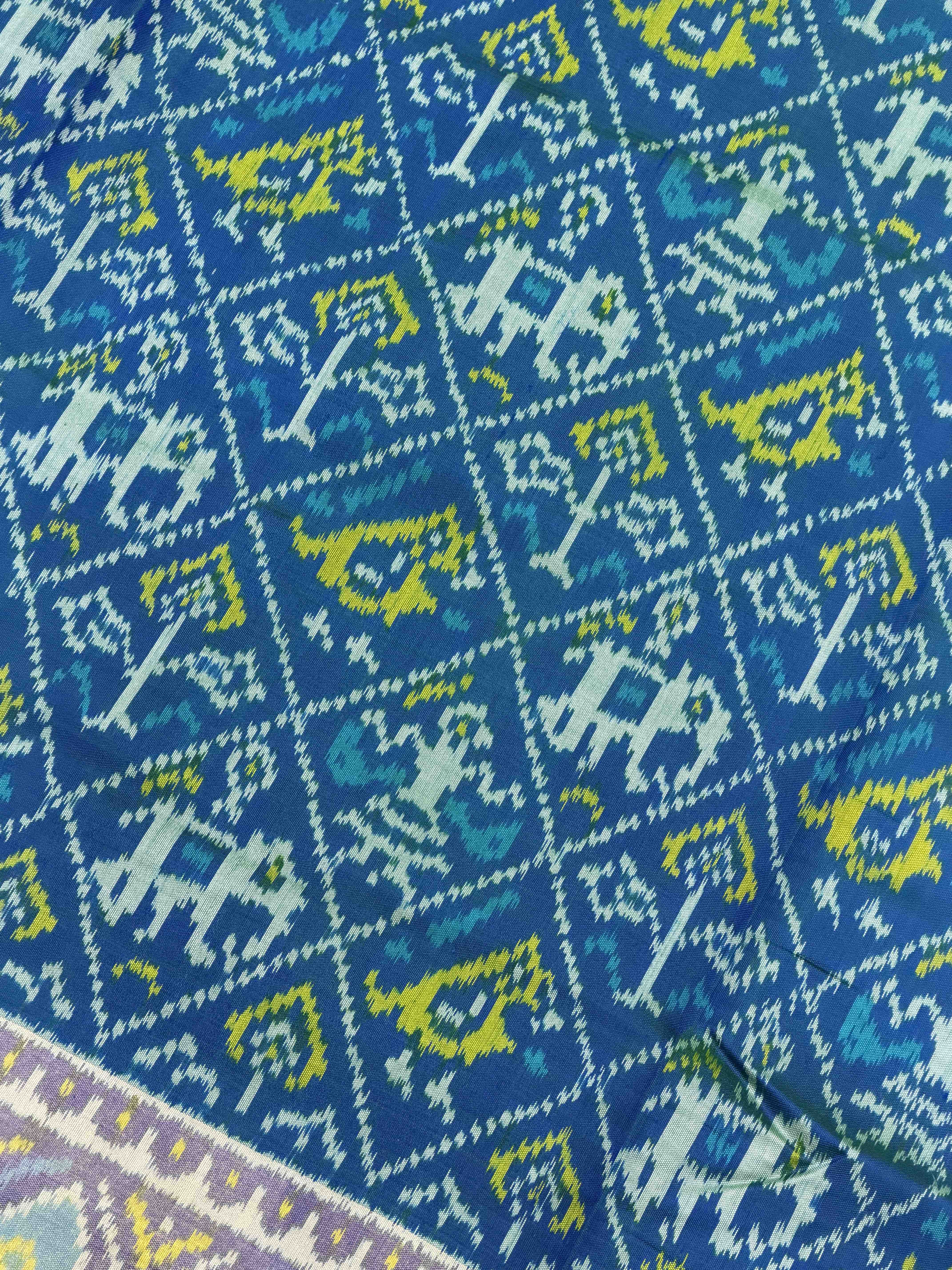 Pure Silk Peacock Blue Rajkot Patola Saree with Intricate Heart Ikat Pallu