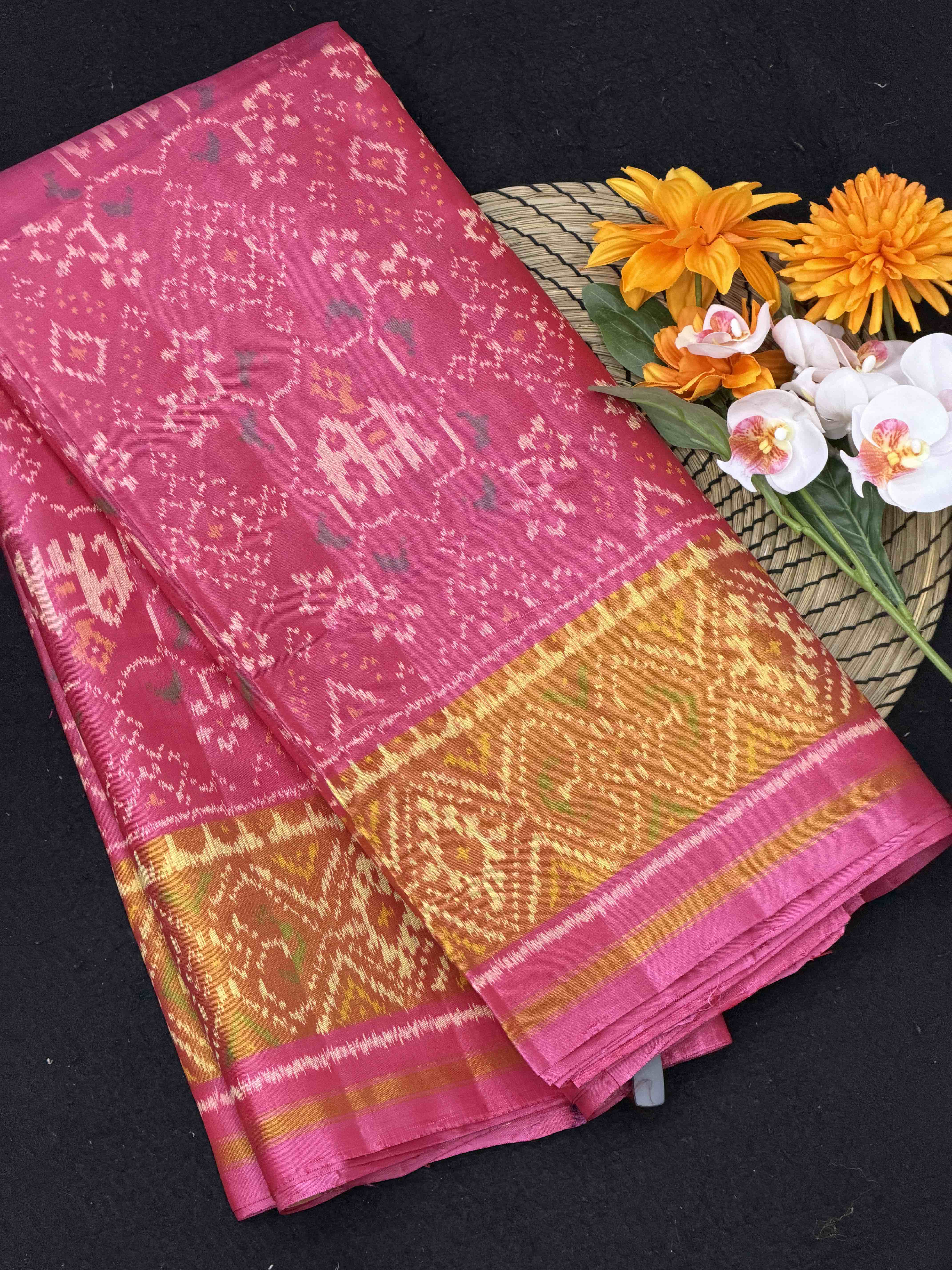 Pure Silk baby Pink Rajkot Patola Saree with Gold Tissue Border & Floral Weave