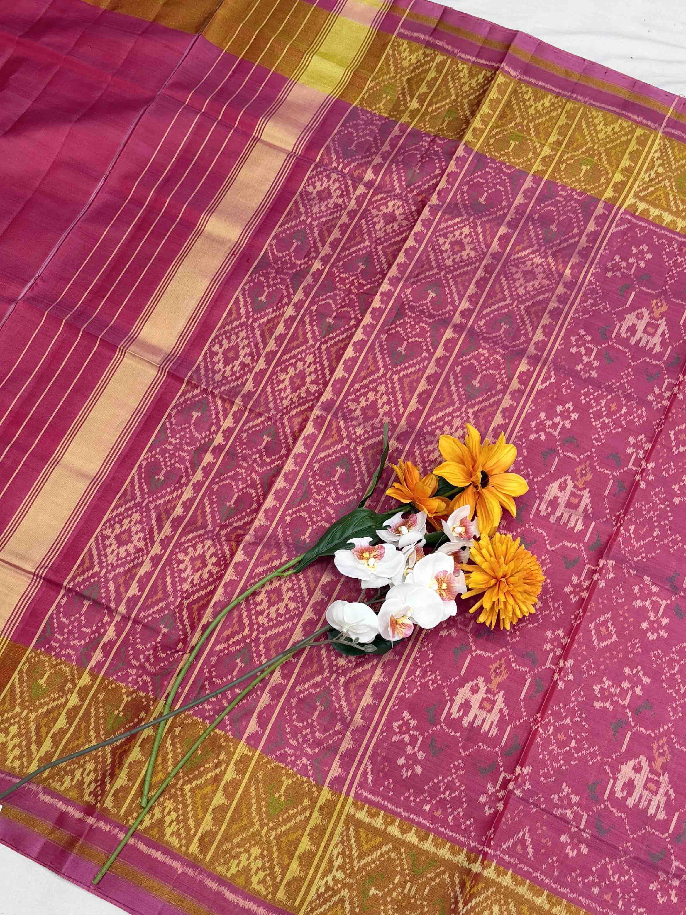 Pure Silk baby Pink Rajkot Patola Saree with Gold Tissue Border & Floral Weave