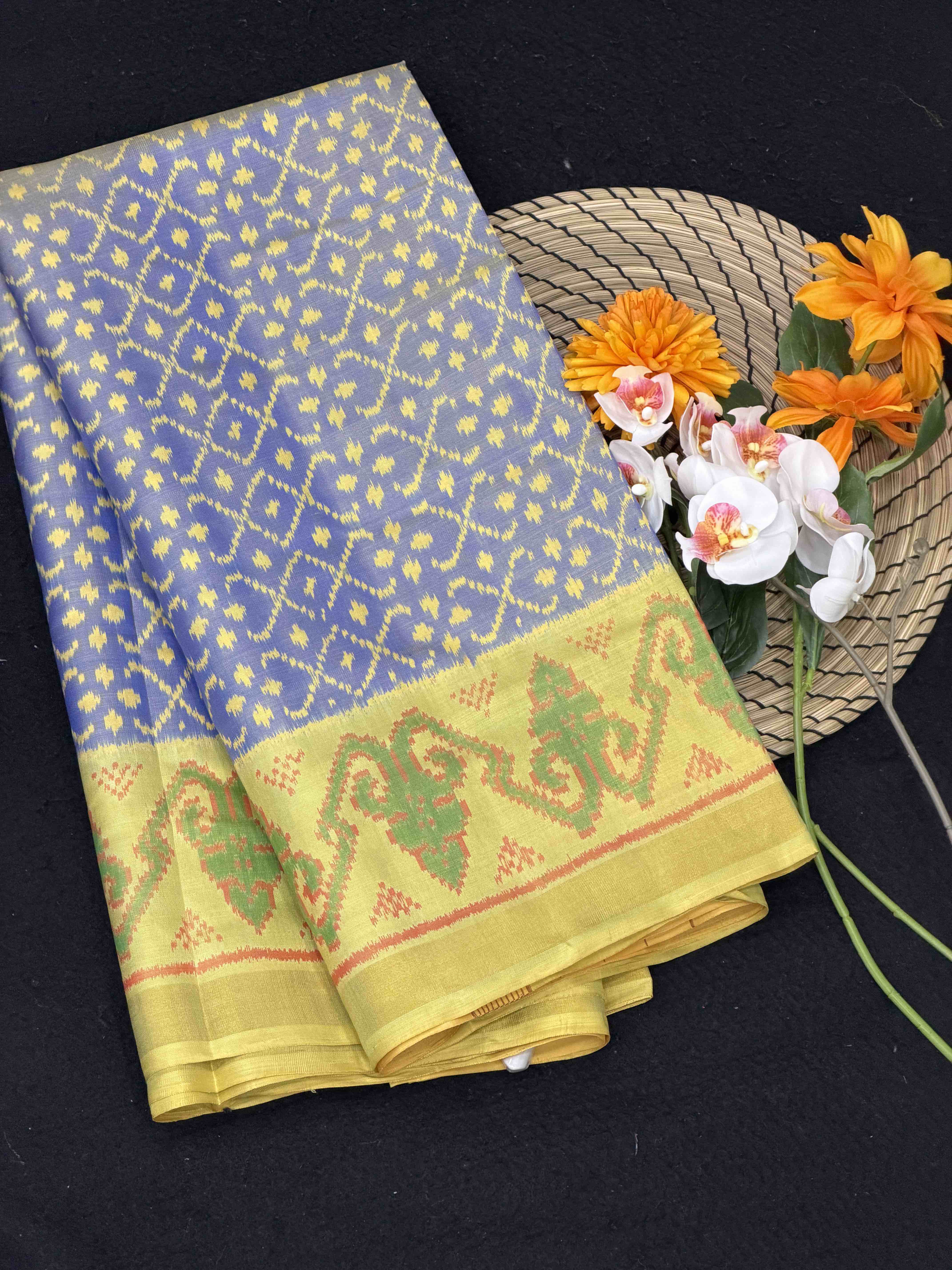Light Yellow & Light blue with golden shaded Single Ikat patola Saree
