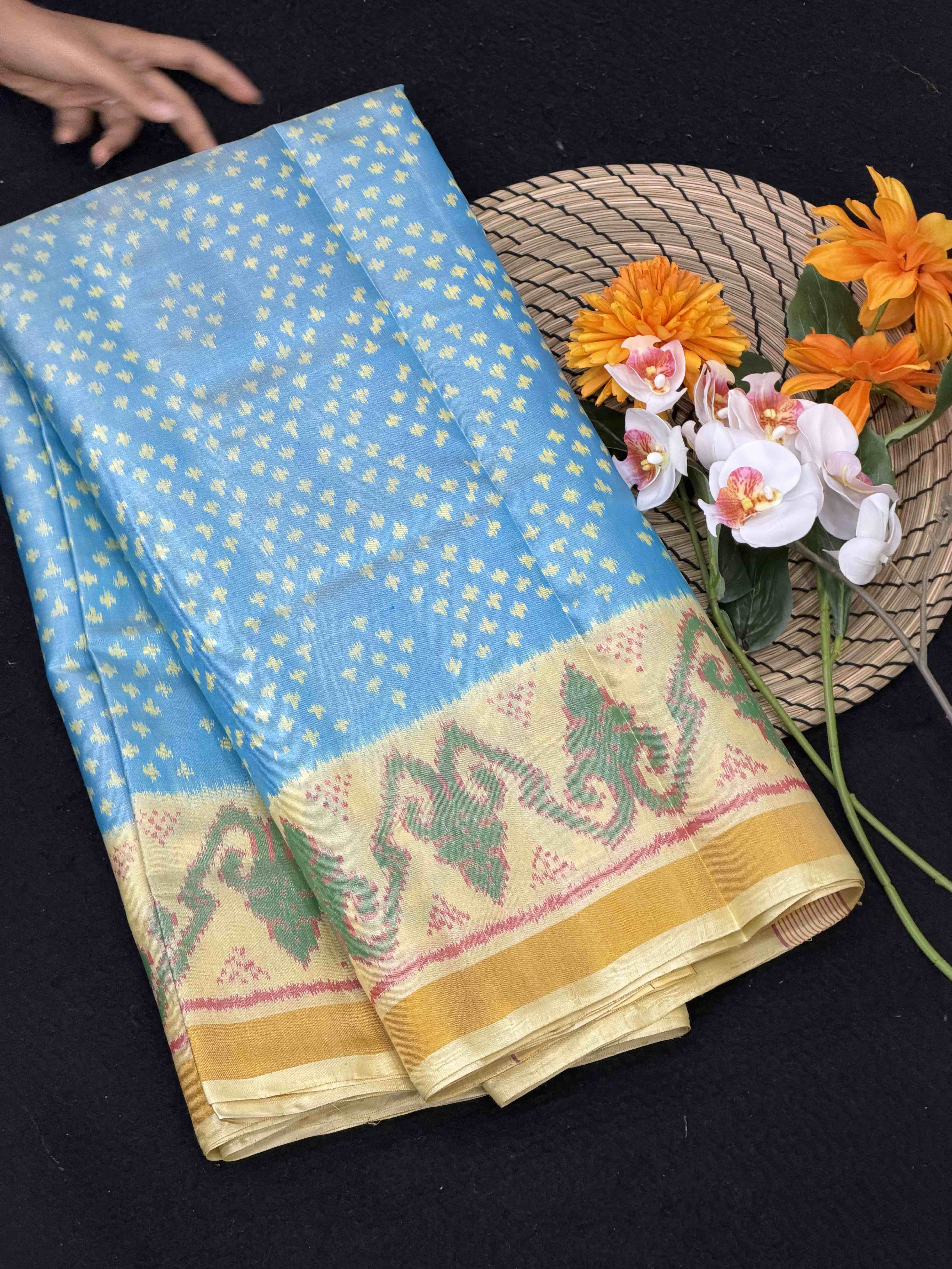 Beige white & Light blue Bandhani Design Single Ikat patola