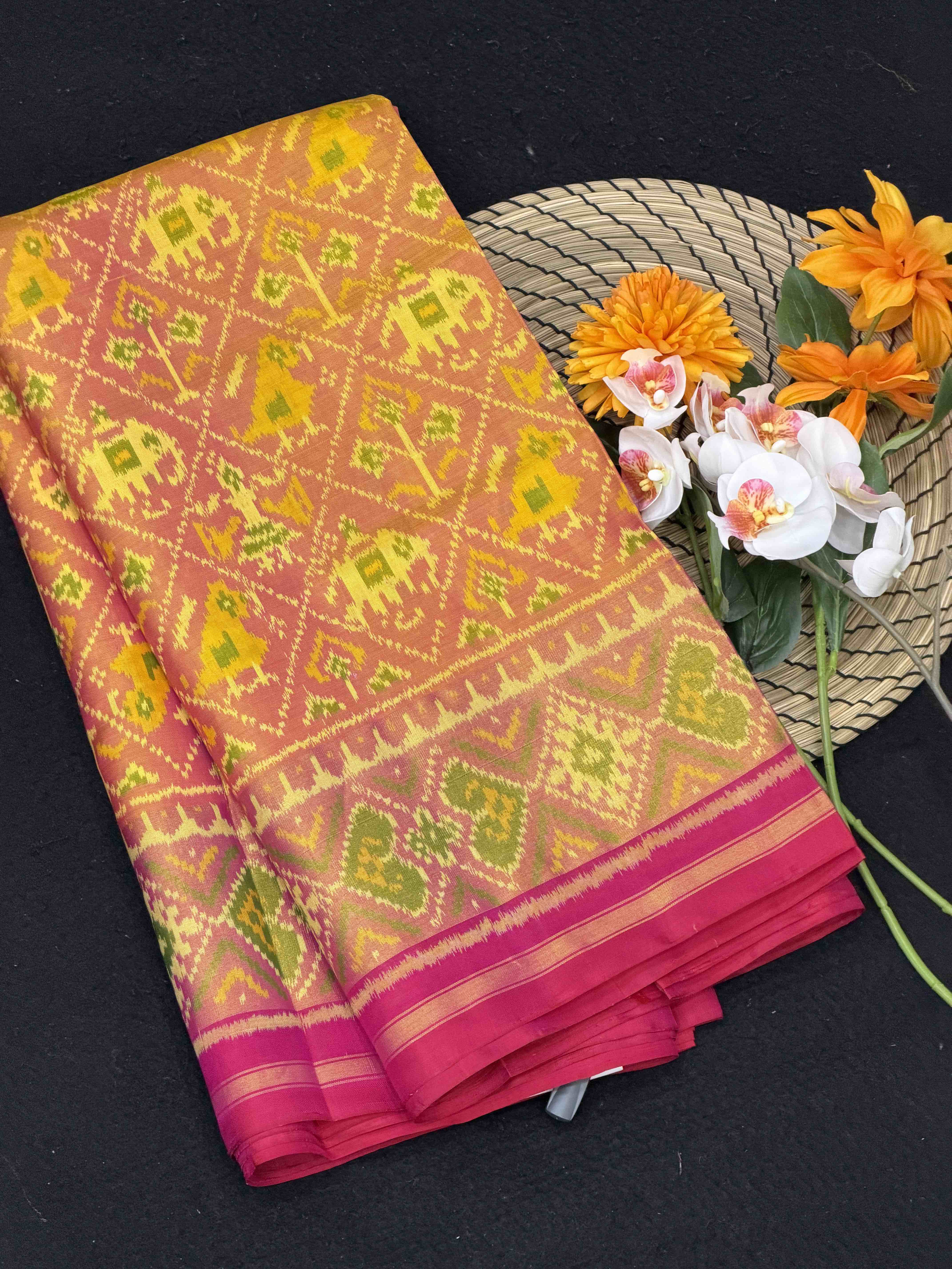 Pink & Peach Narikunj tissue border Rajkot patola Saree