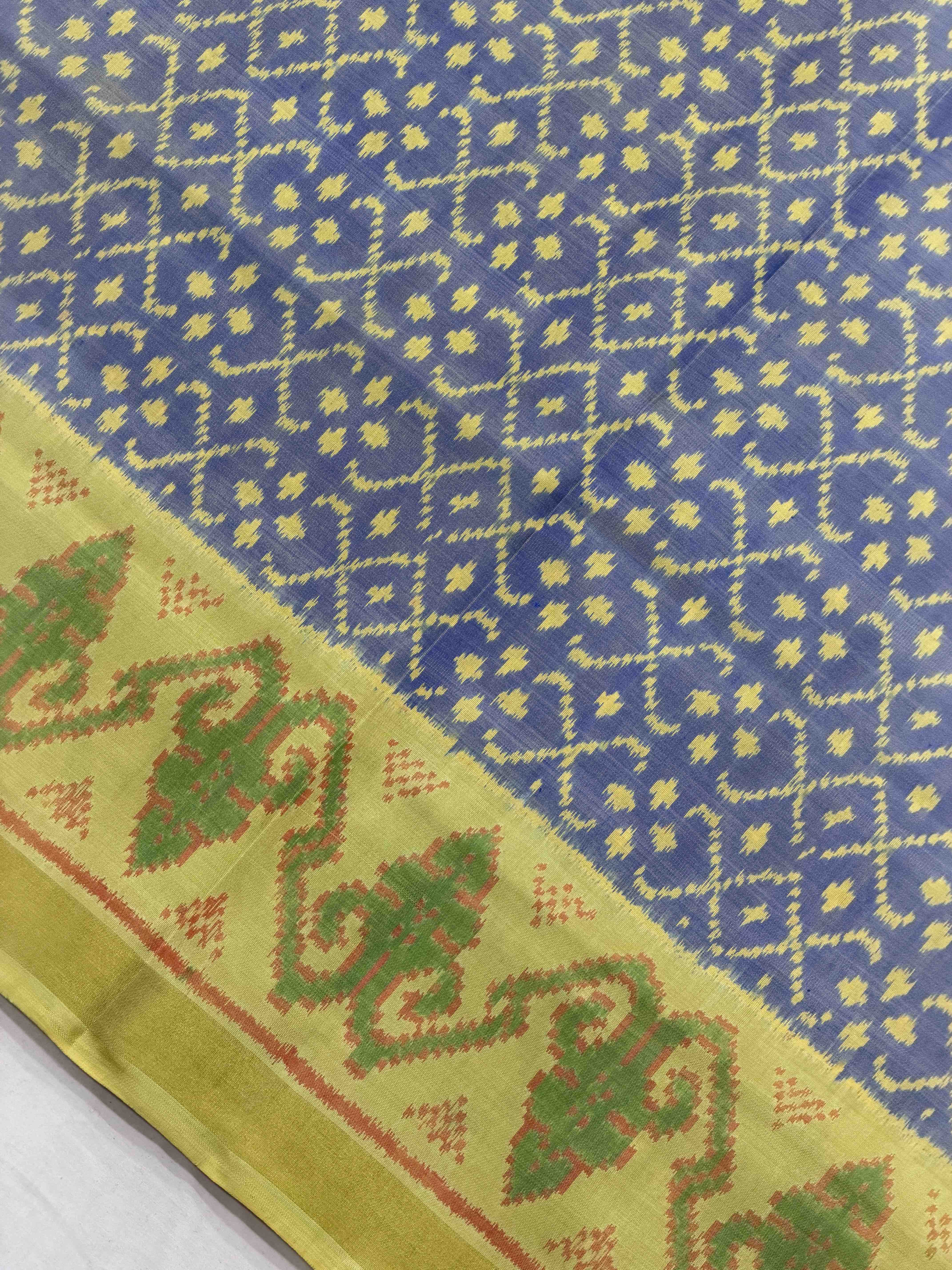 Light Yellow & Light blue with golden shaded Single Ikat patola Saree