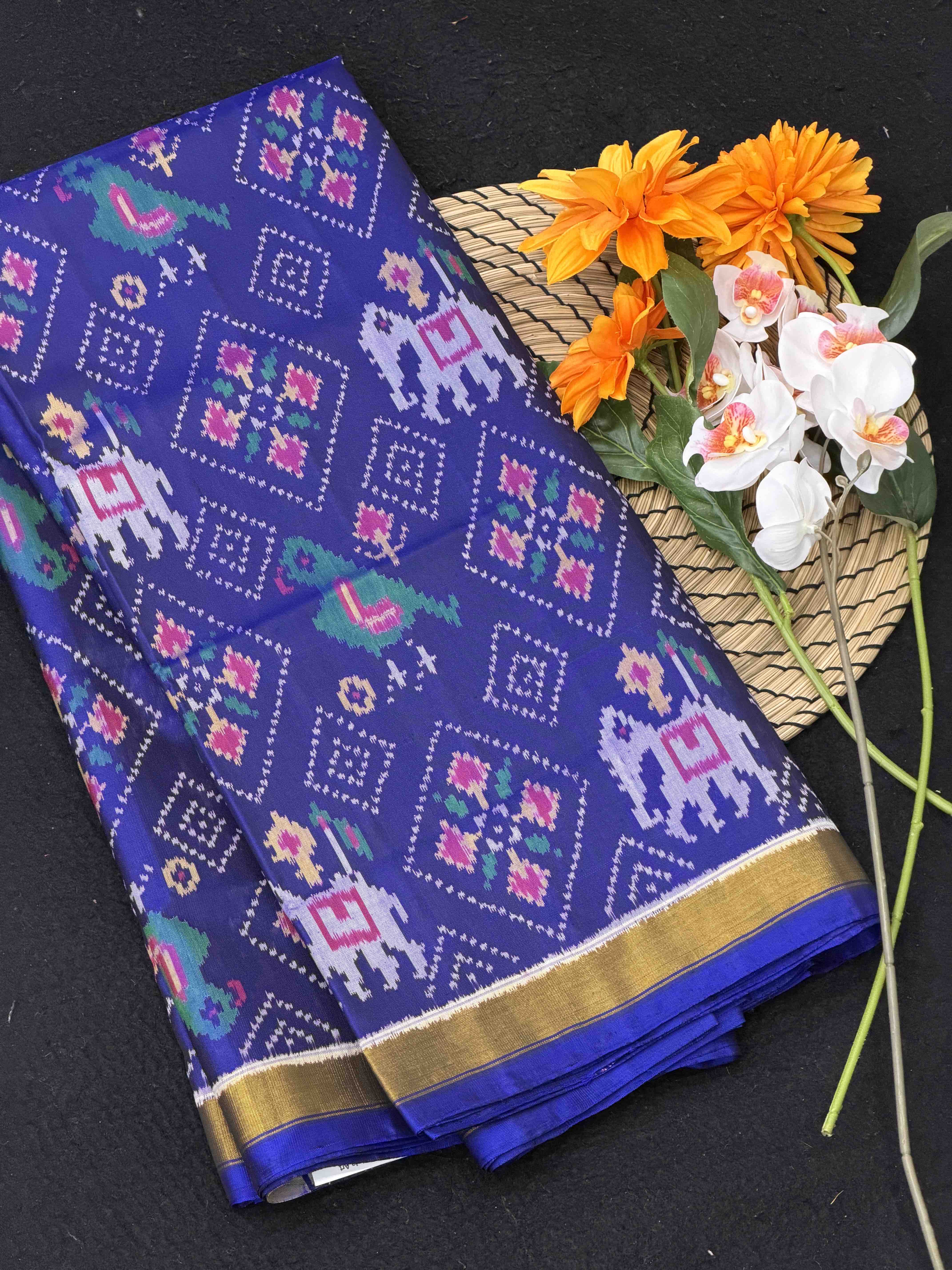 Blue Panchnda with motifs desing Rajkot patola saree