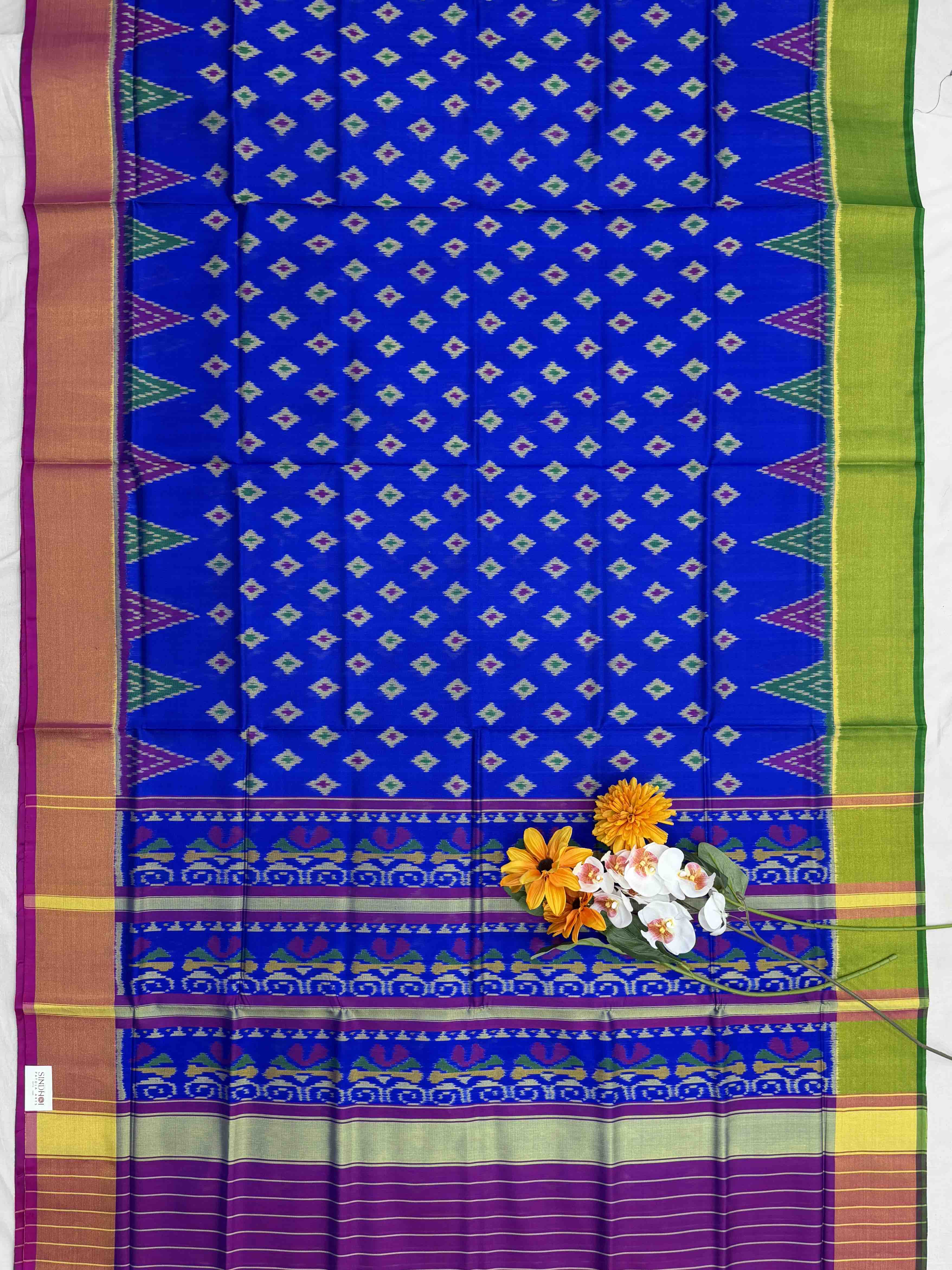 Ganga jamuna pink & green border with Blue big dot desing rajkot patola saree