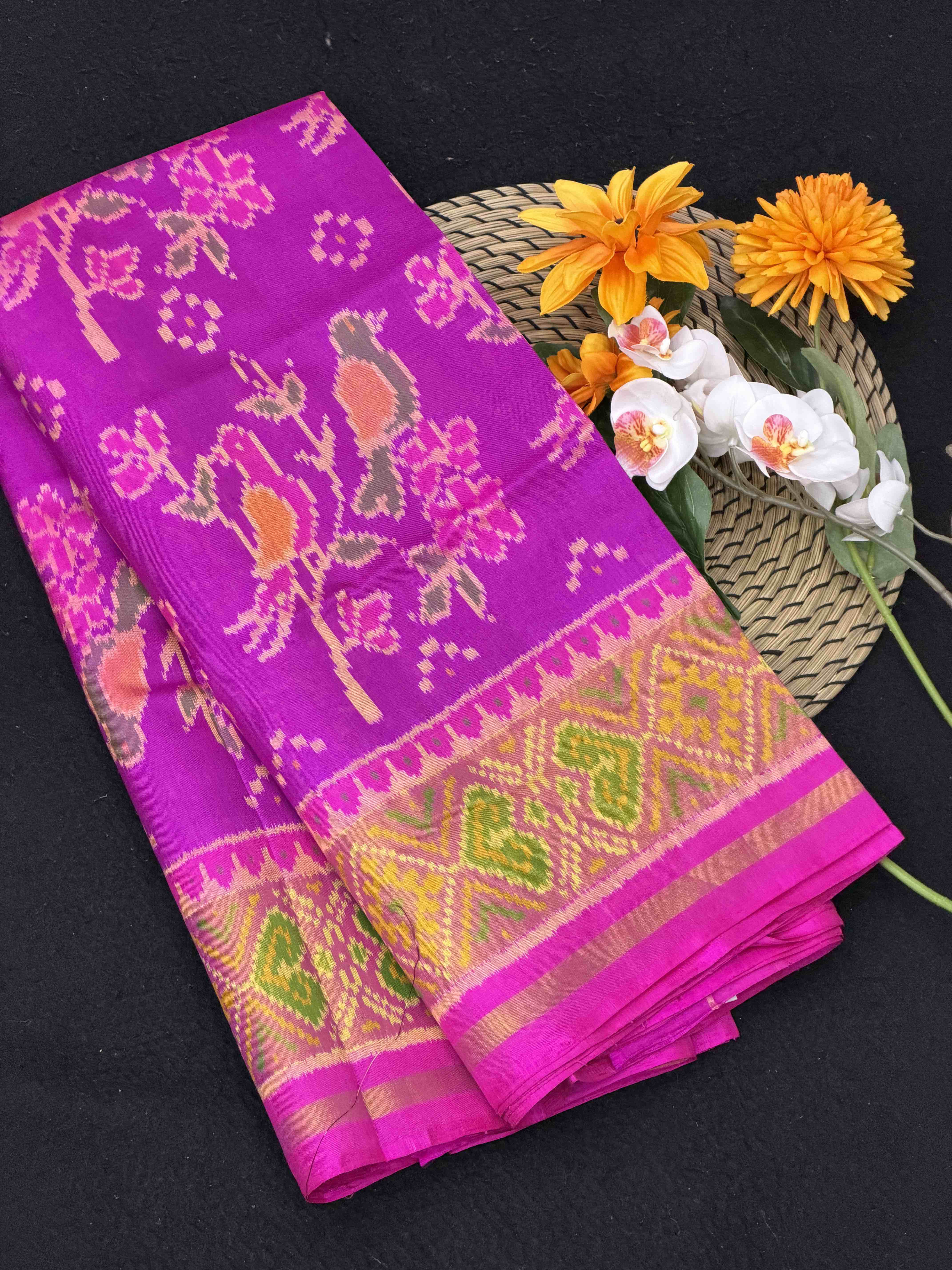 Pink & Pinkish purple Love birds Patola Saree