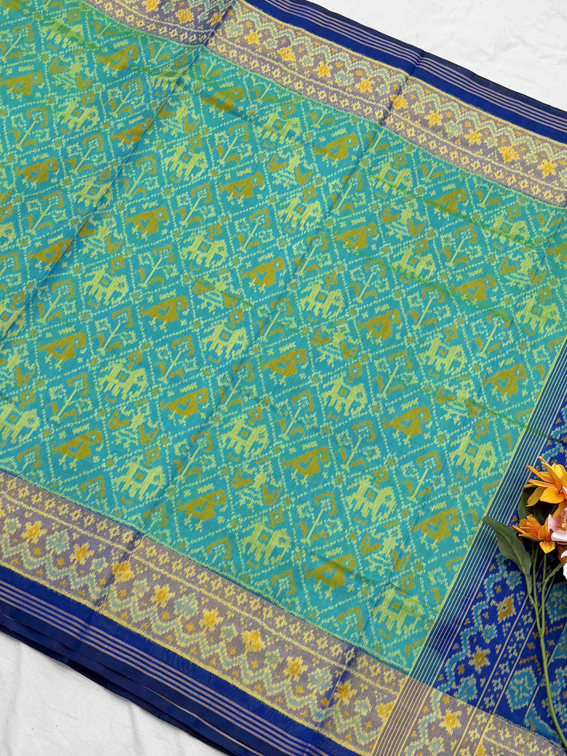 Sea Green & Blue Narikunj Tissue Border Rajkot Patola Saree