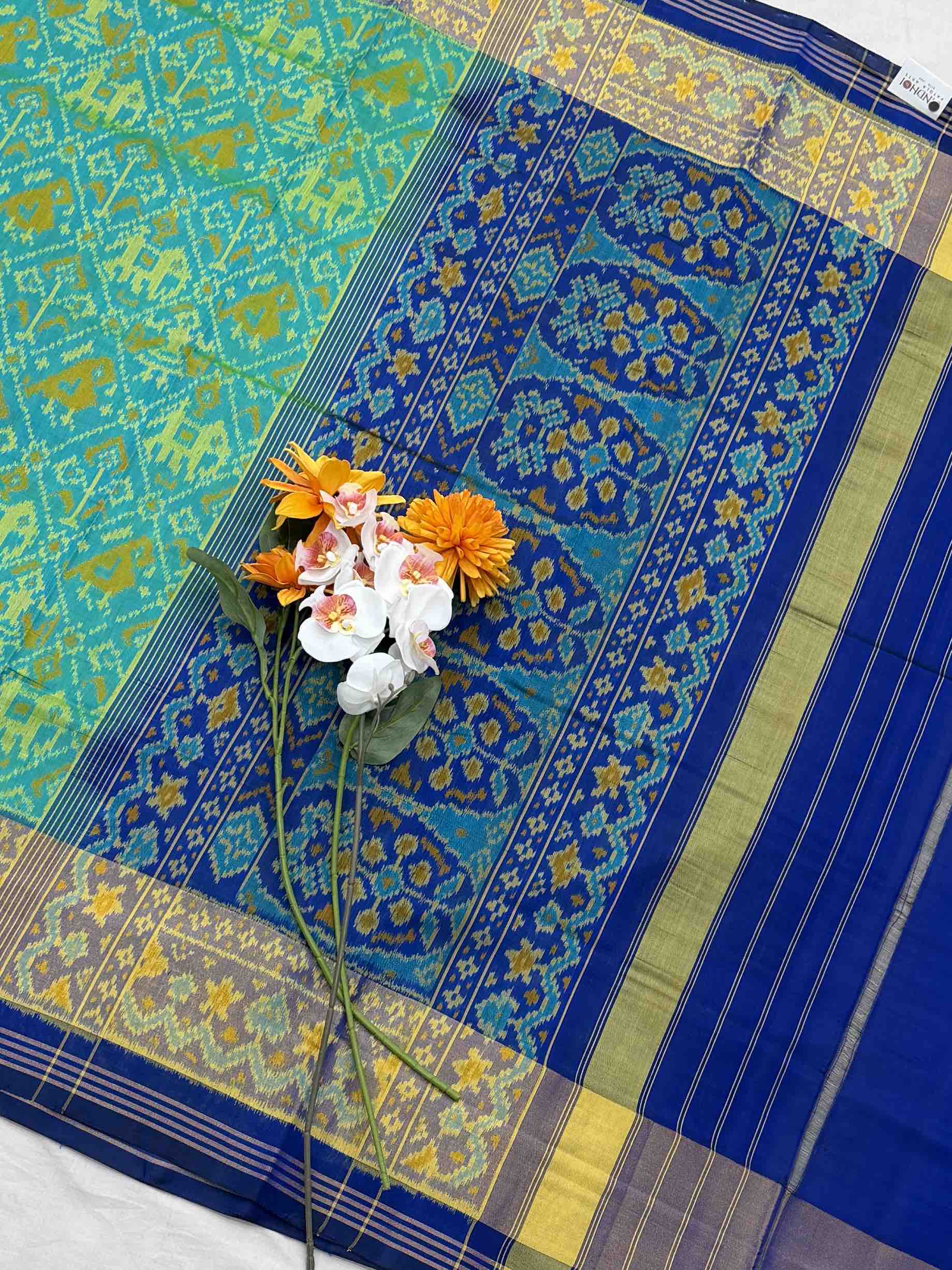 Sea Green & Blue Narikunj Tissue Border Rajkot Patola Saree