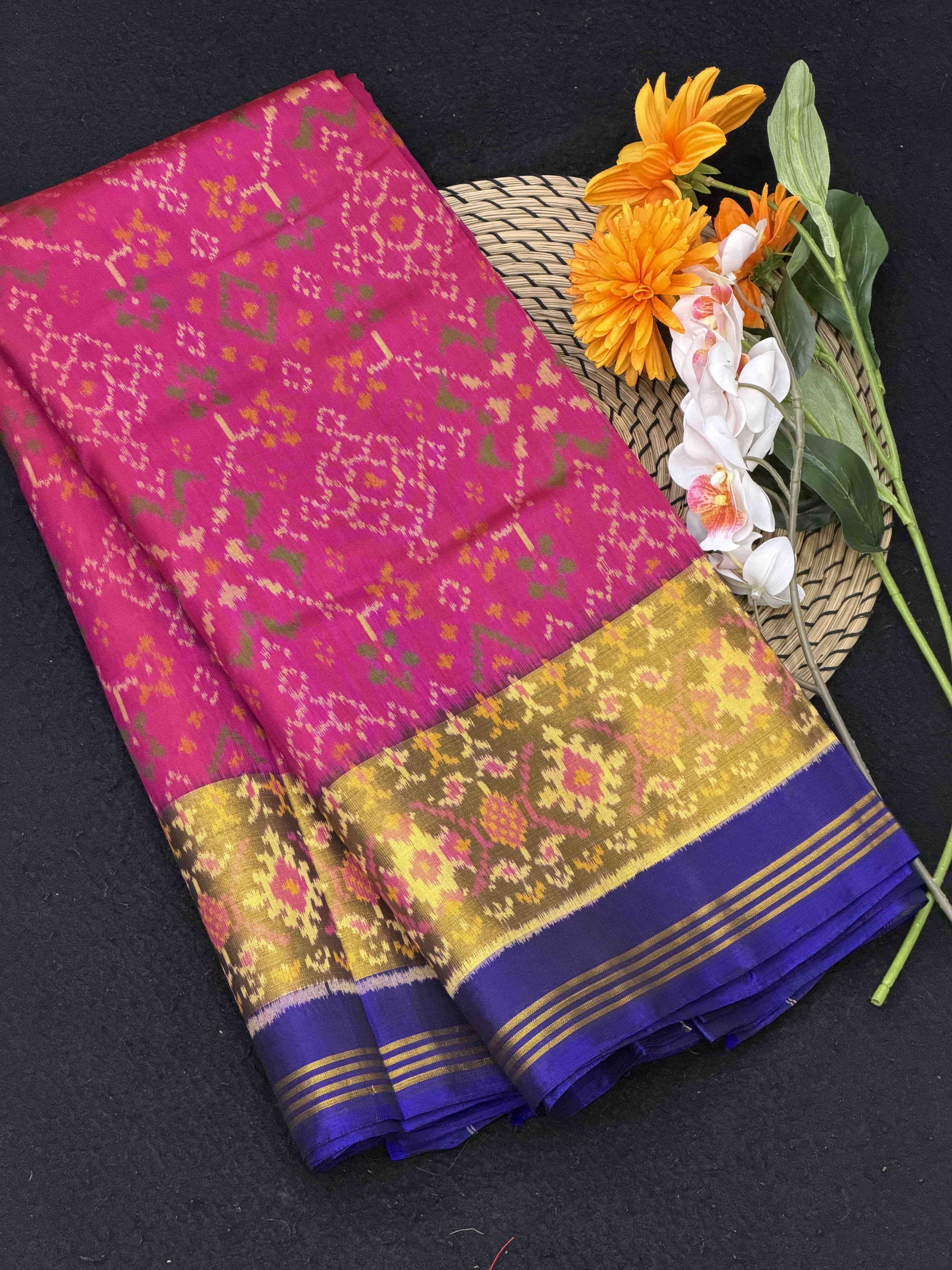 Pink & Blue Navaratan Tissue Border Rajkot Patola Saree