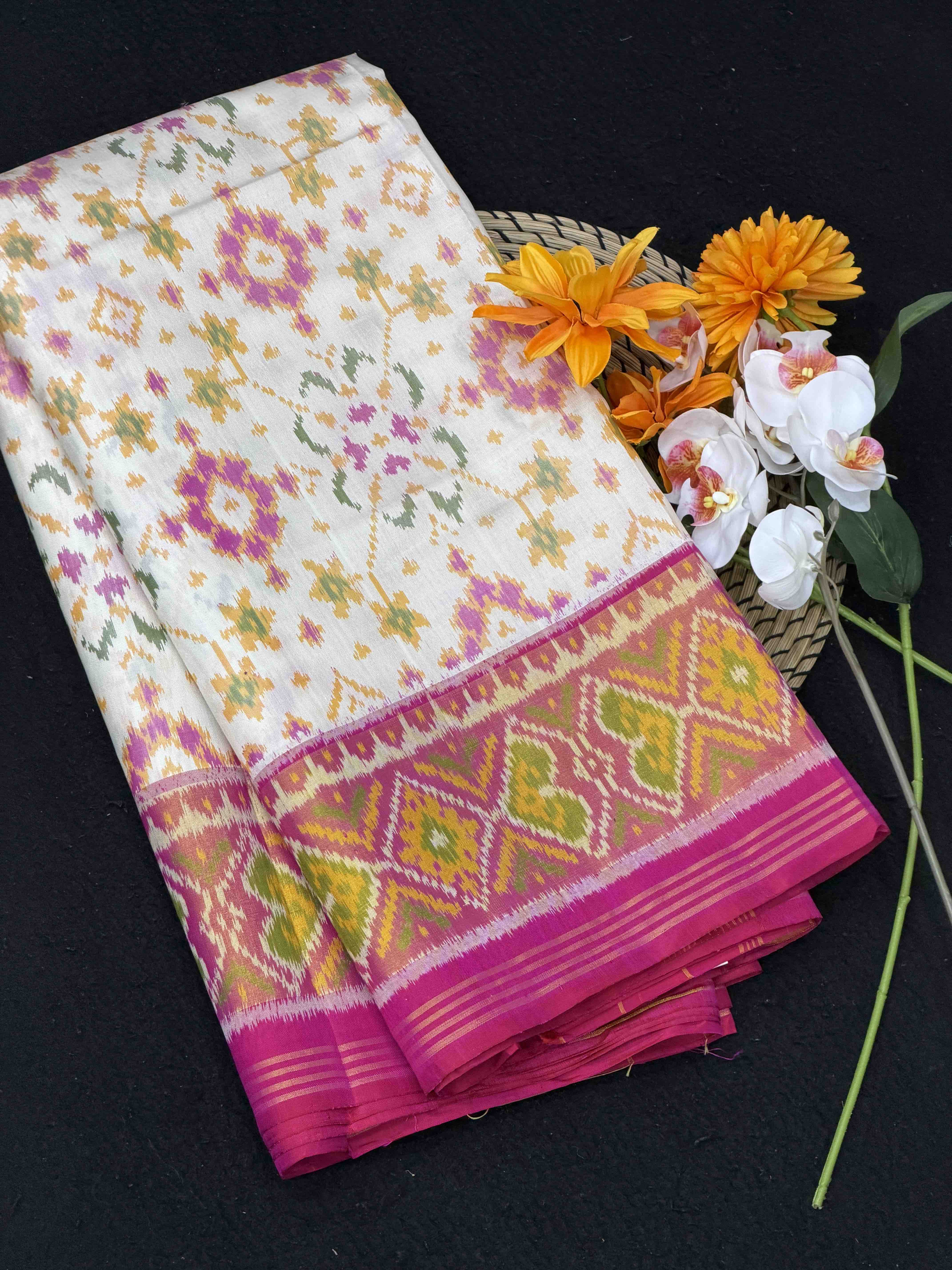 Pink & white Navaratan Tissue border Rajkot Patola Saree