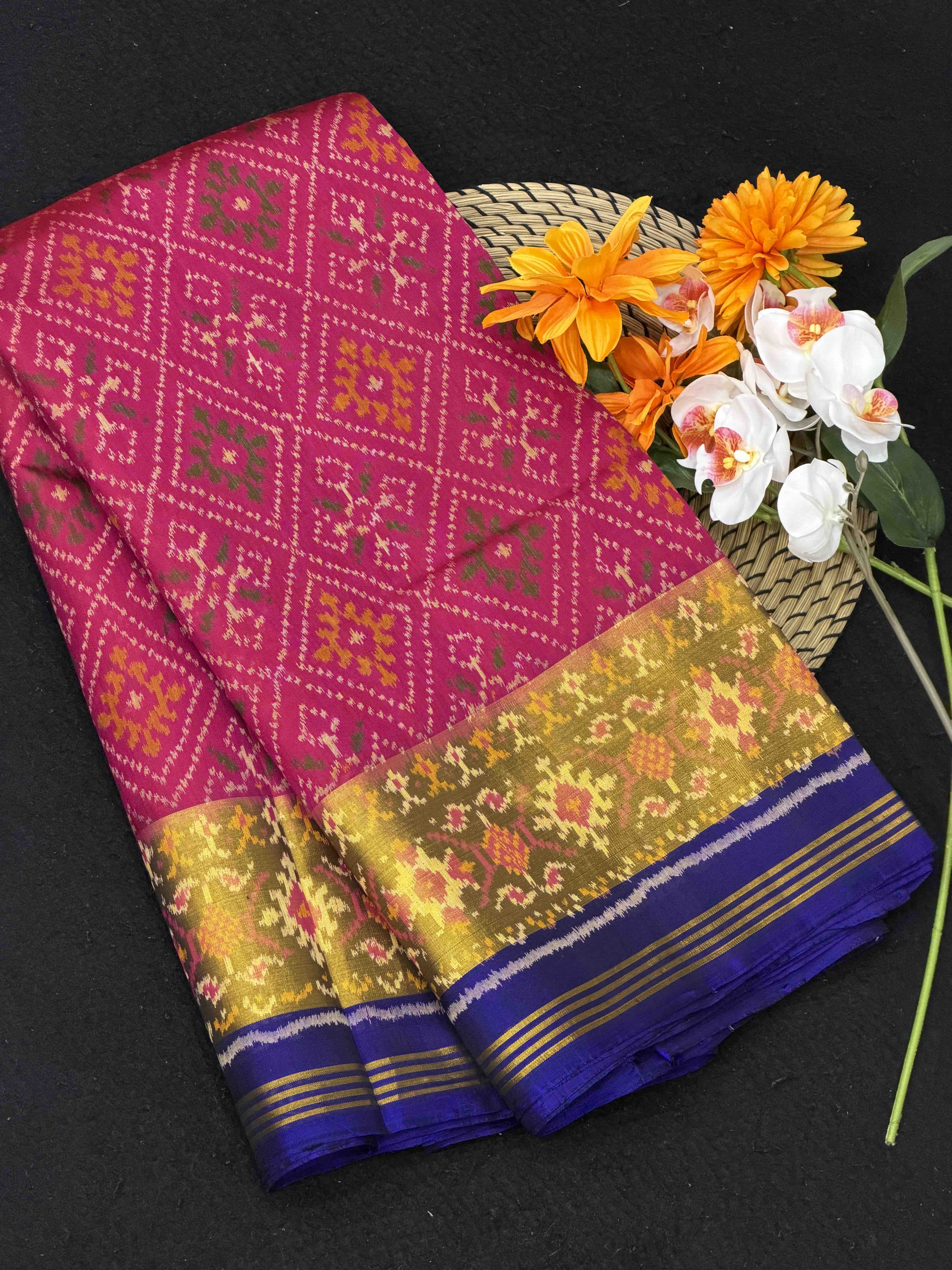 Blue & Pink panchanda Tissue Border Rajkot Patola