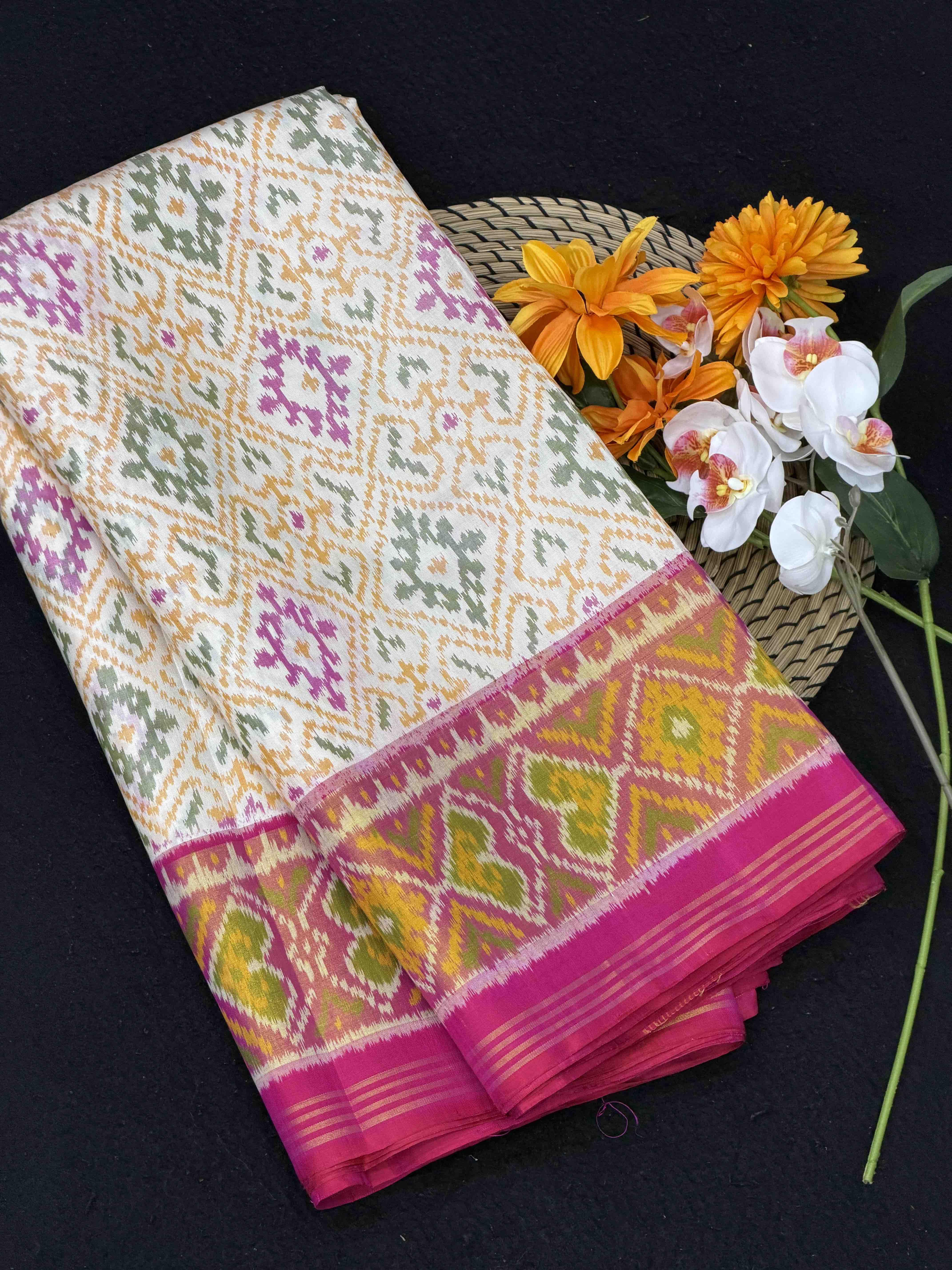 Pink & white Panchanda Tissue border Rajkot Patola Saree