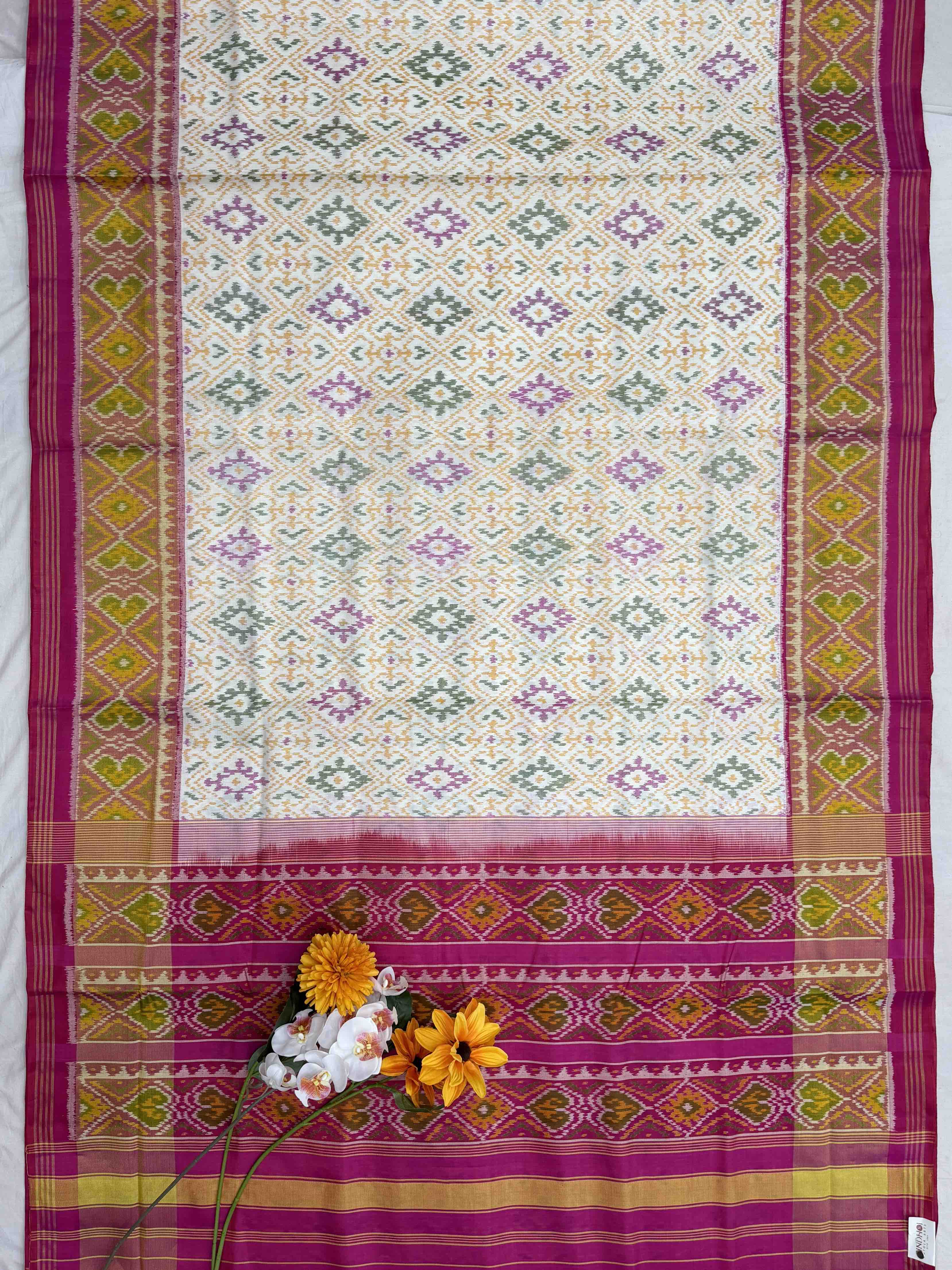 Pink & white Panchanda Tissue border Rajkot Patola Saree