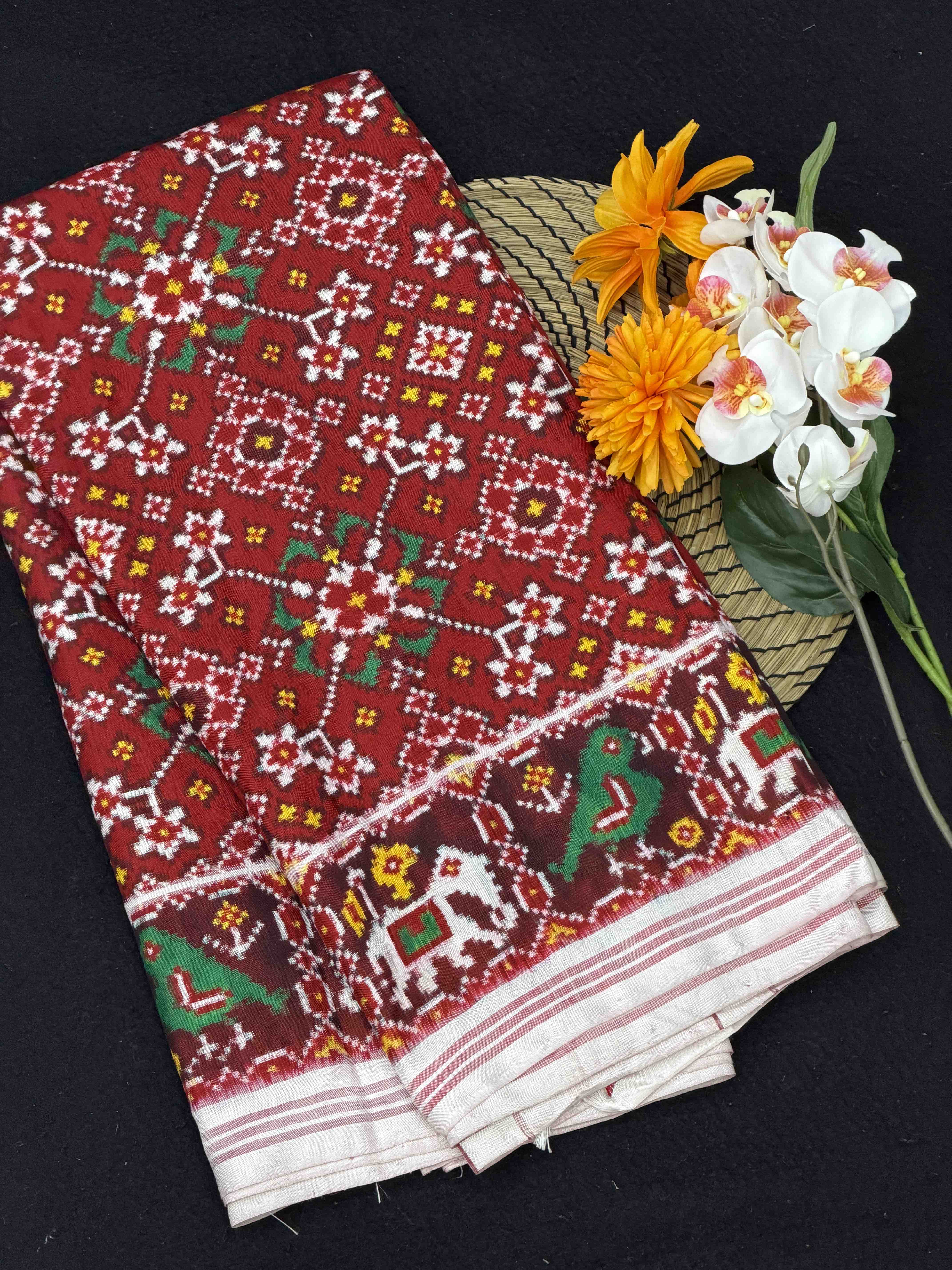 White & Red Navaratan Double Ikat Patola Saree