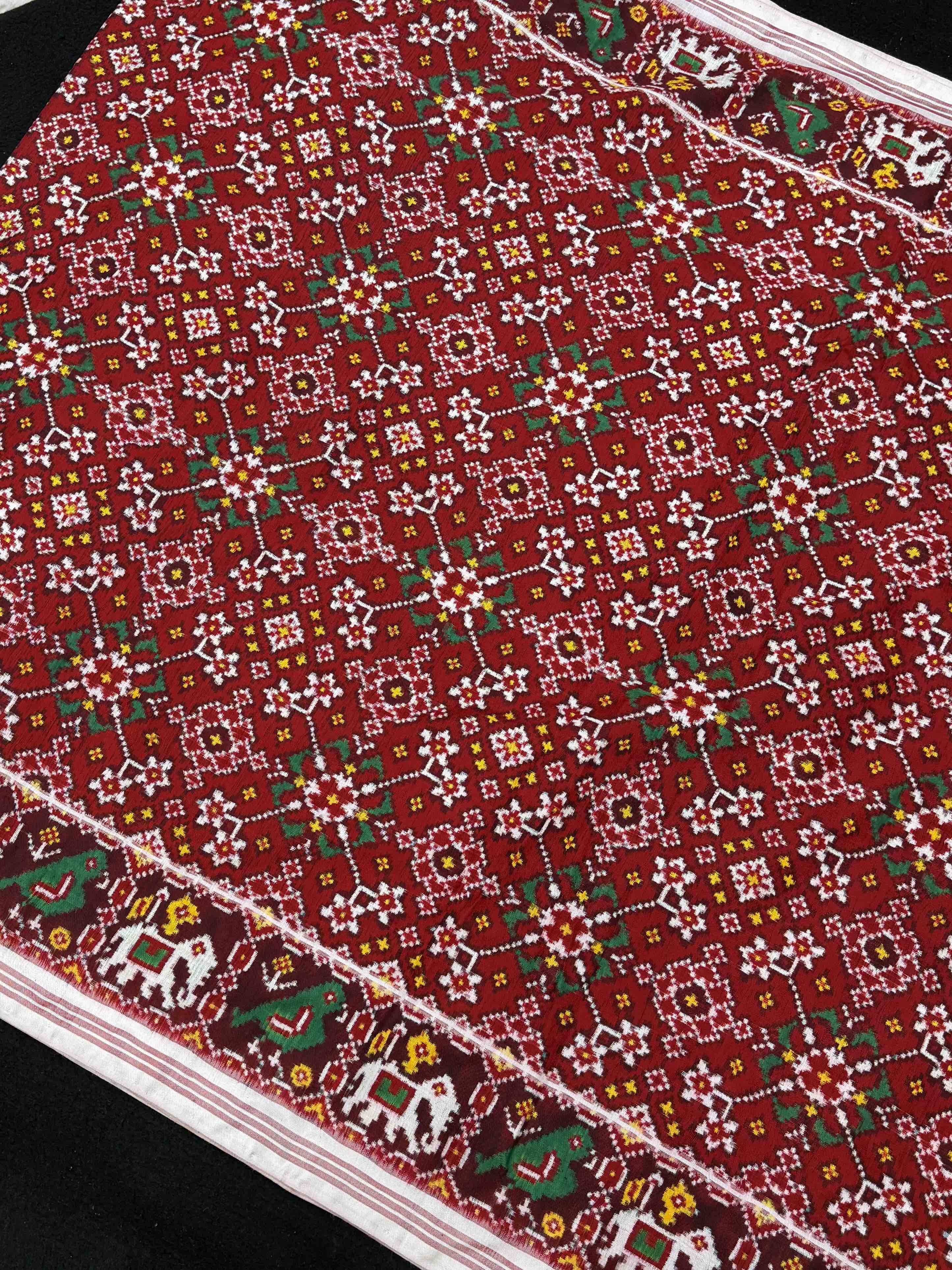 White & Red Navaratan Double Ikat Patola Saree