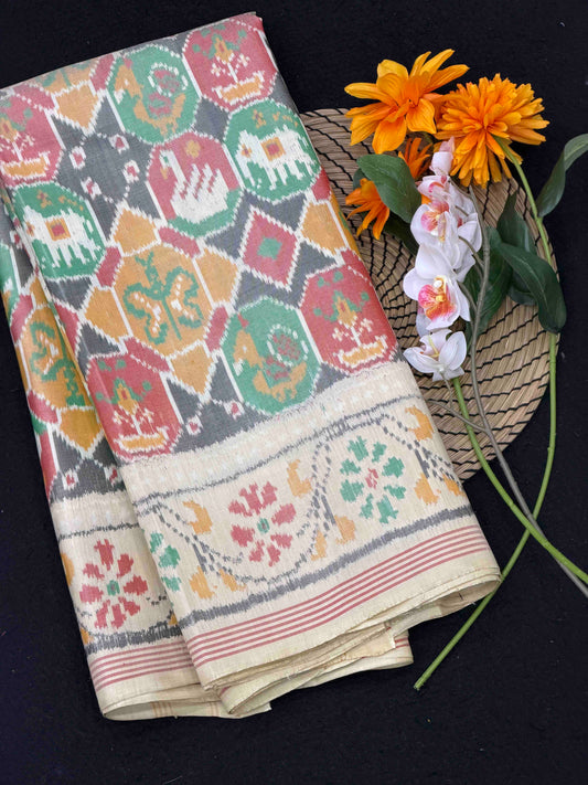 Cream white with multi figures Single Ikat Patola Saree