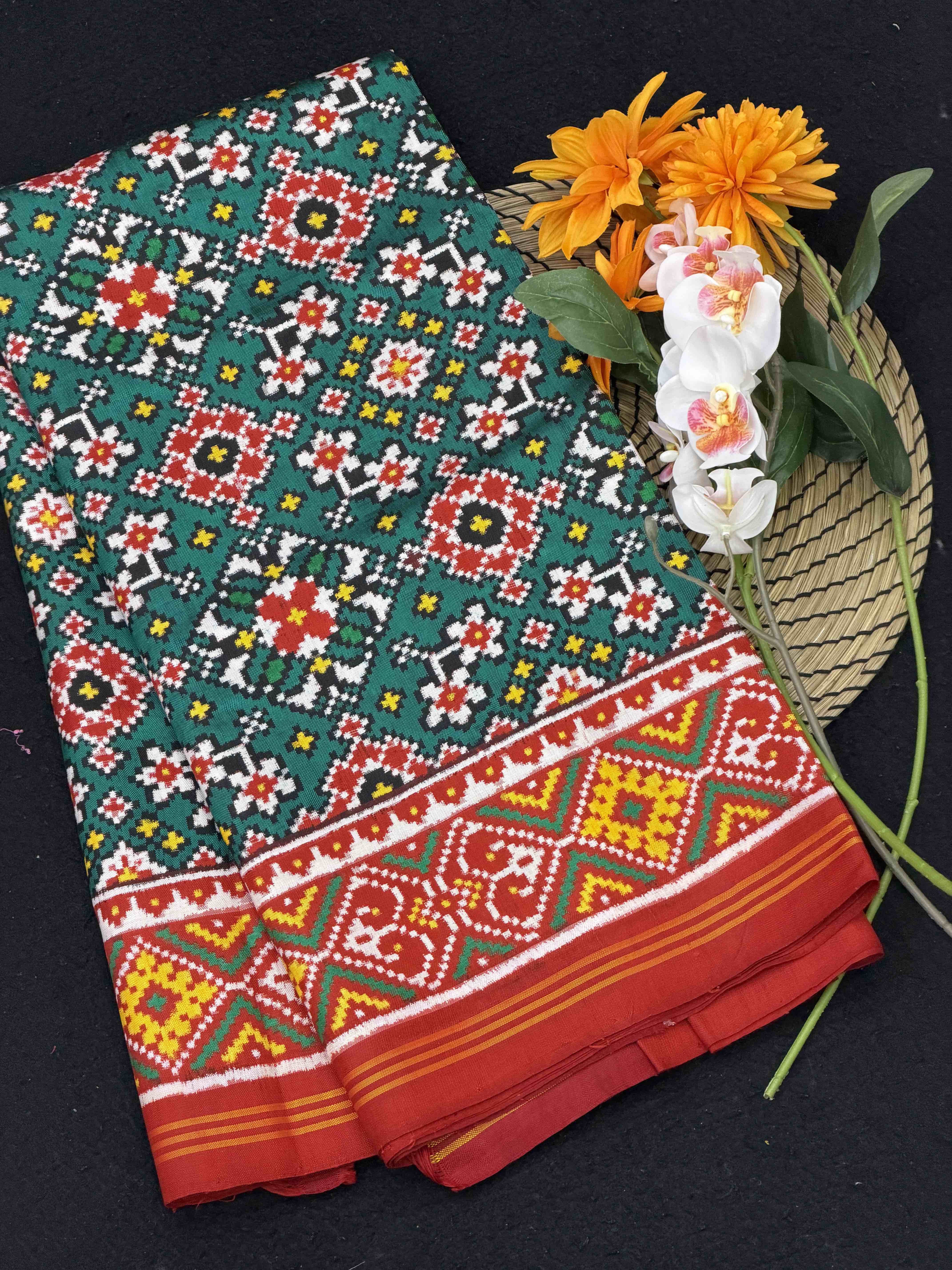 Red & Rama Navaratan Double Ikat Patola Saree