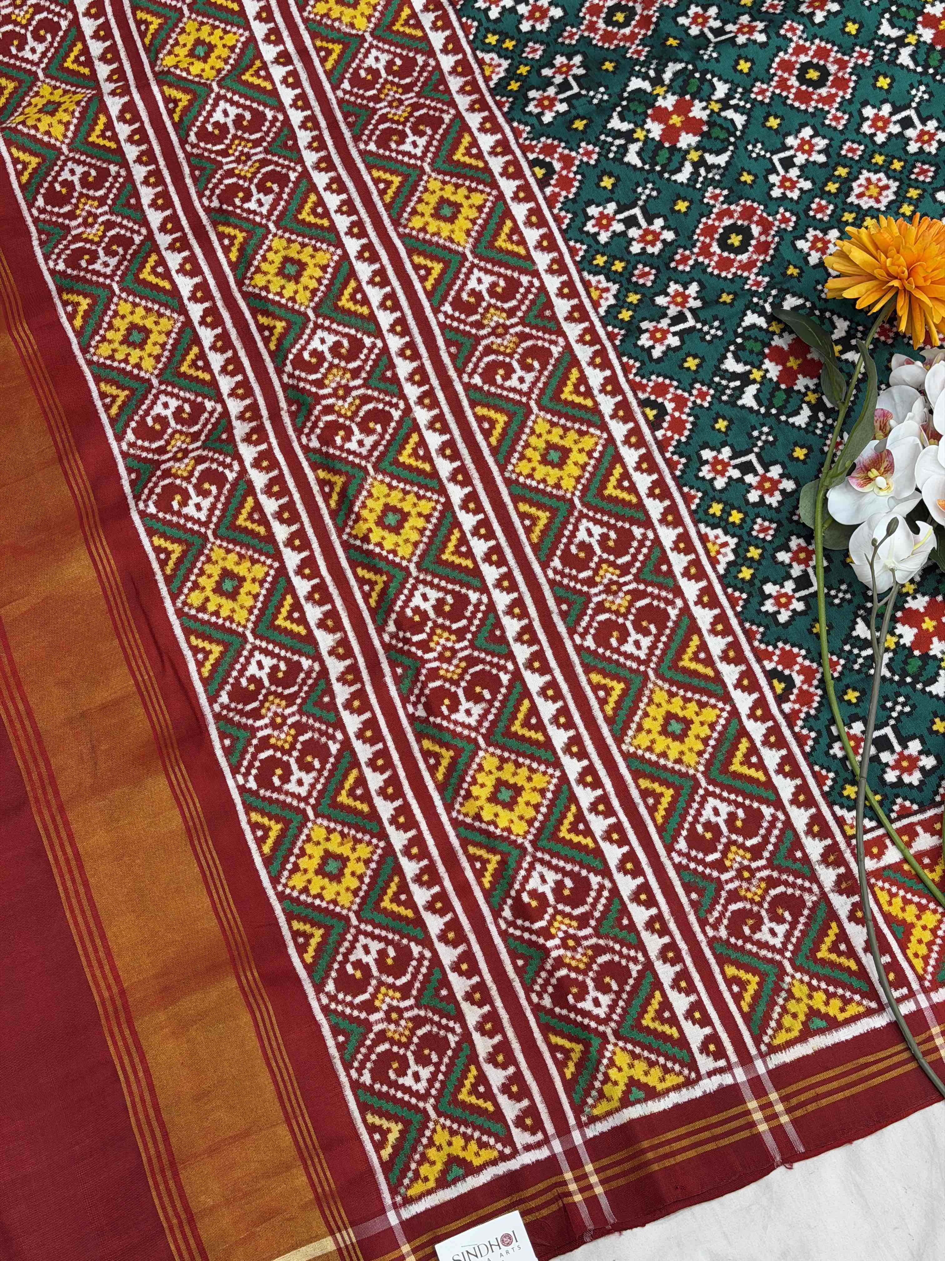 Red & Rama Navaratan Double Ikat Patola Saree