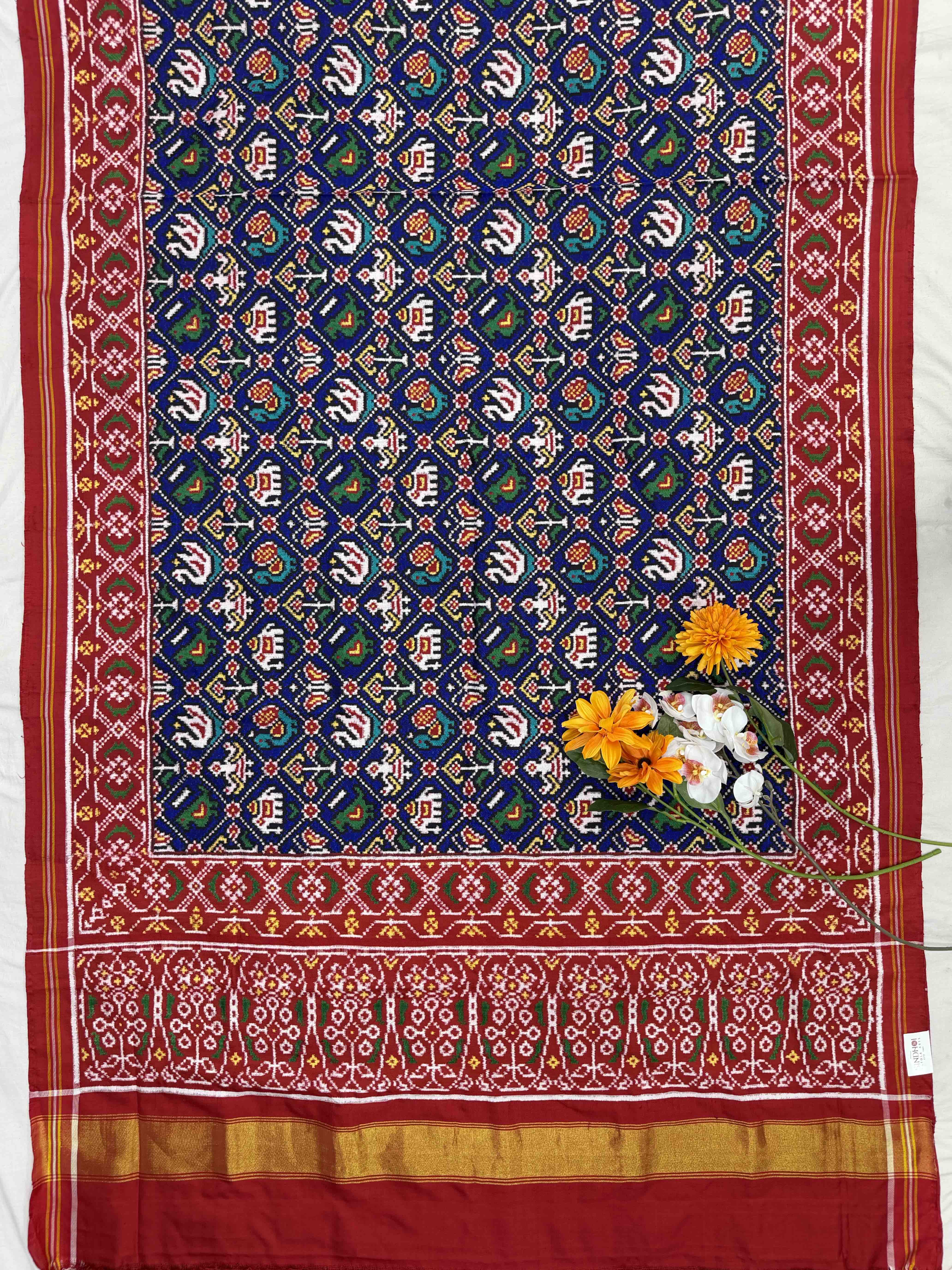 Red & Blue Narikunj Double Ikat Patola Saree