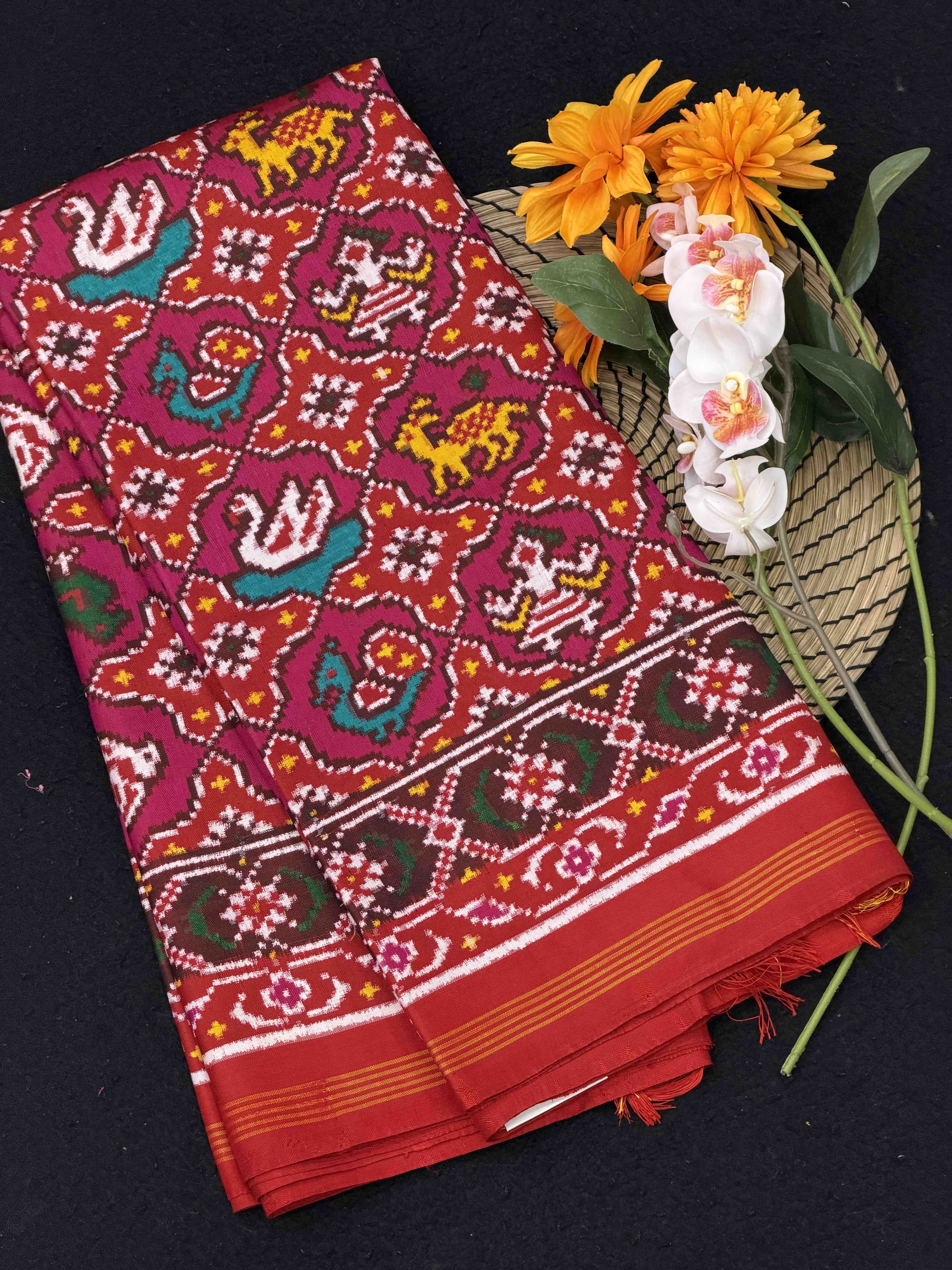 Red & Pink Patola motifs Double Ikat Patola Saree