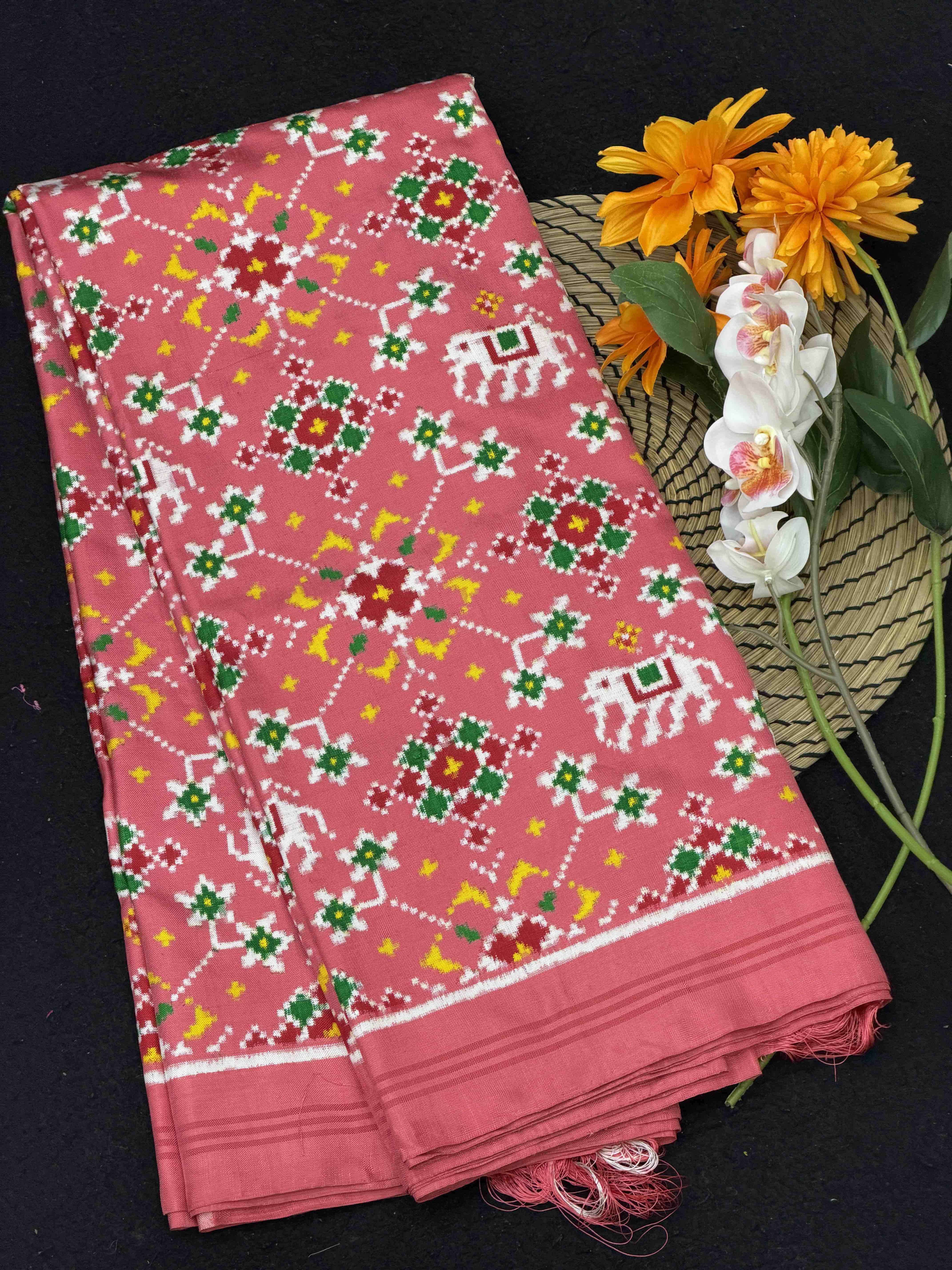 Light Pink Navaratn Hathi Double Ikat Patola Saree