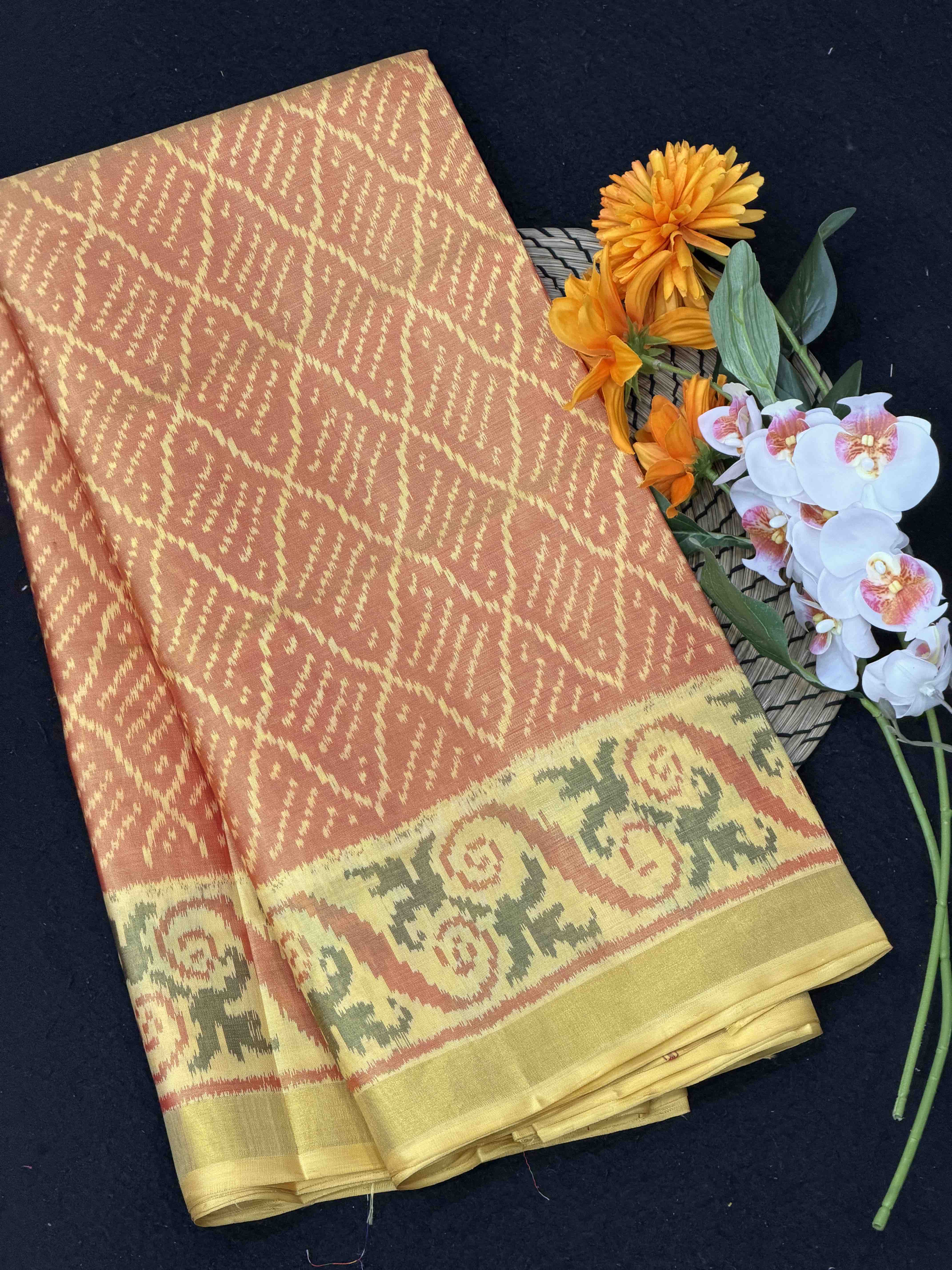 Light Yellow & carrot fancy design Patola saree
