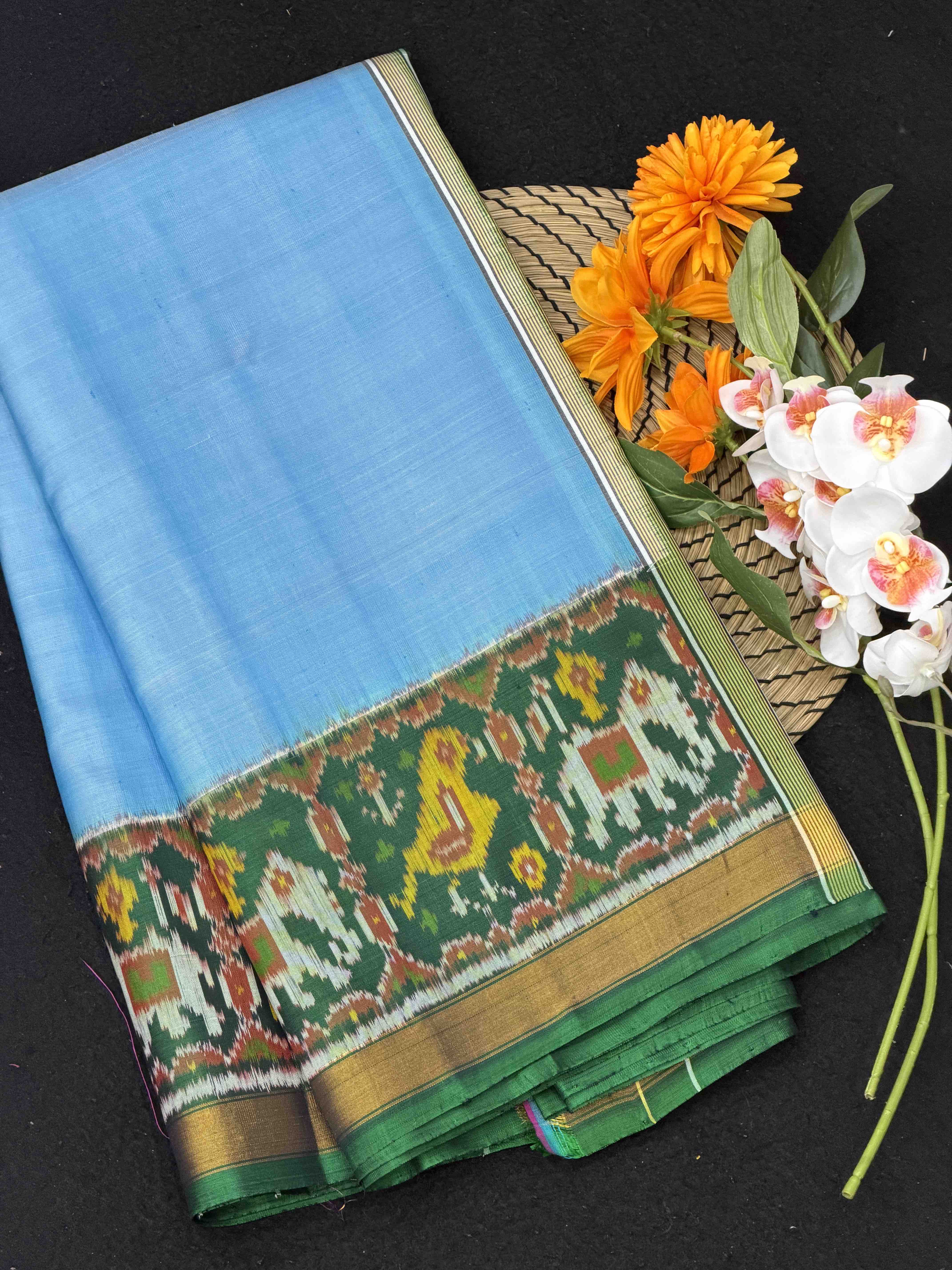 Green & Light blue Plain Rajkot Patola Saree