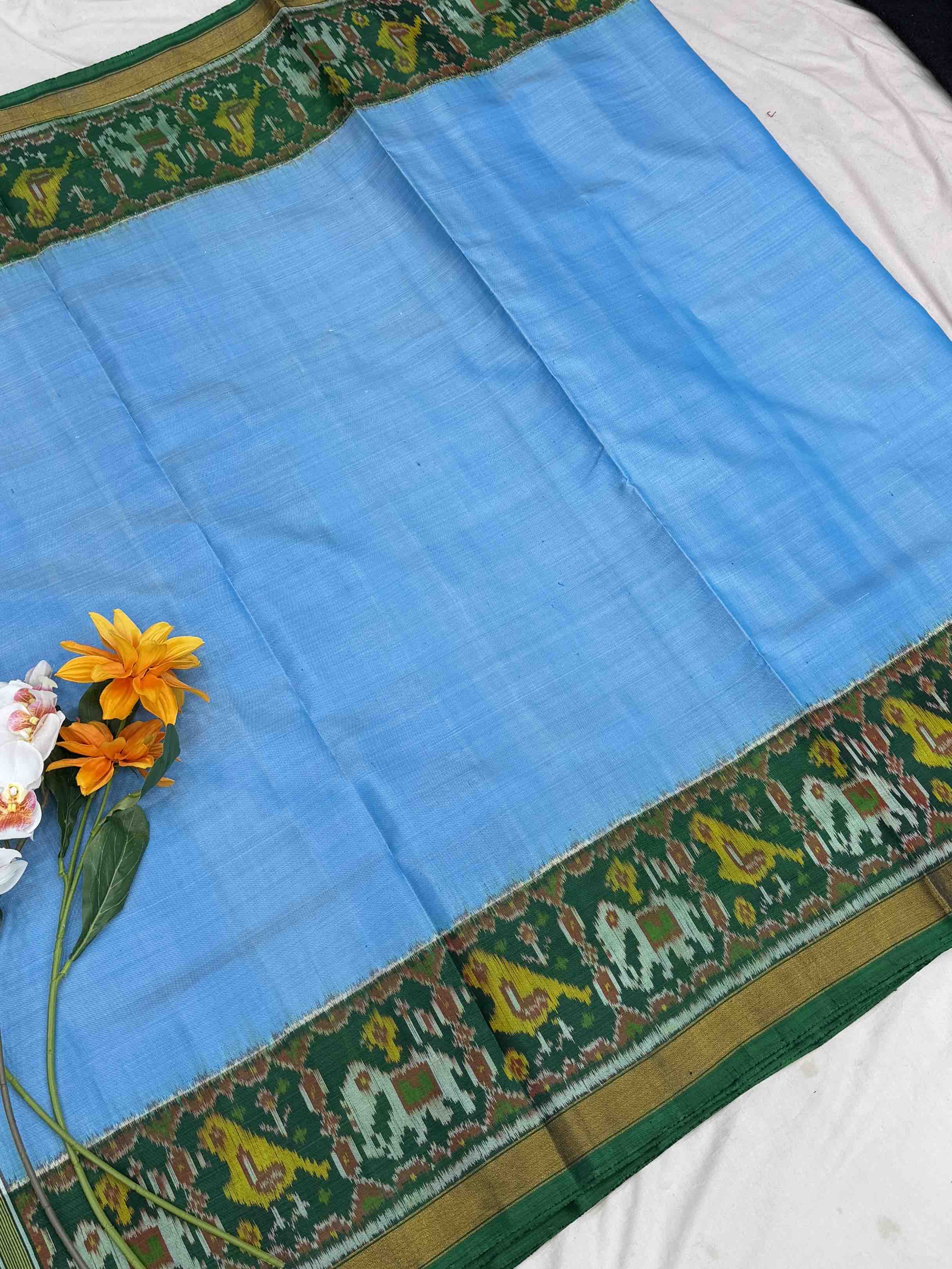 Green & Light blue Plain Rajkot Patola Saree