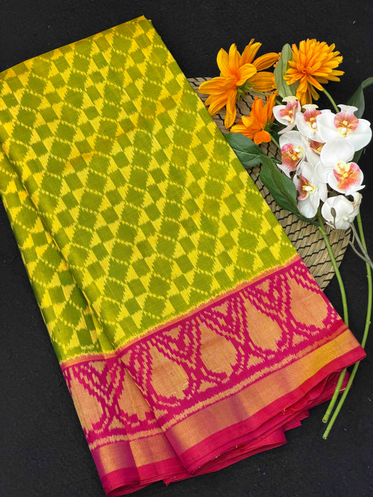 Pink & Parrot green laheriya style Rajkot Patola Saree