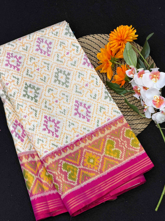 Pink & white panchanda rajkot Patola Saree