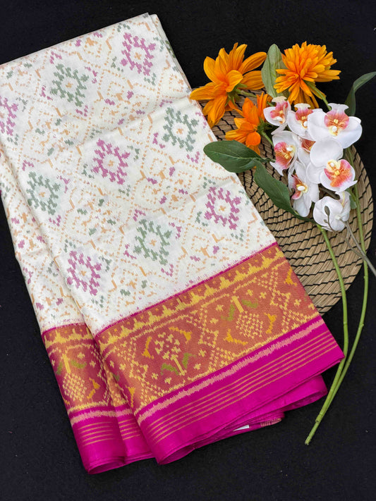 Pink & off white Panchanda Rajkot Patola Saree