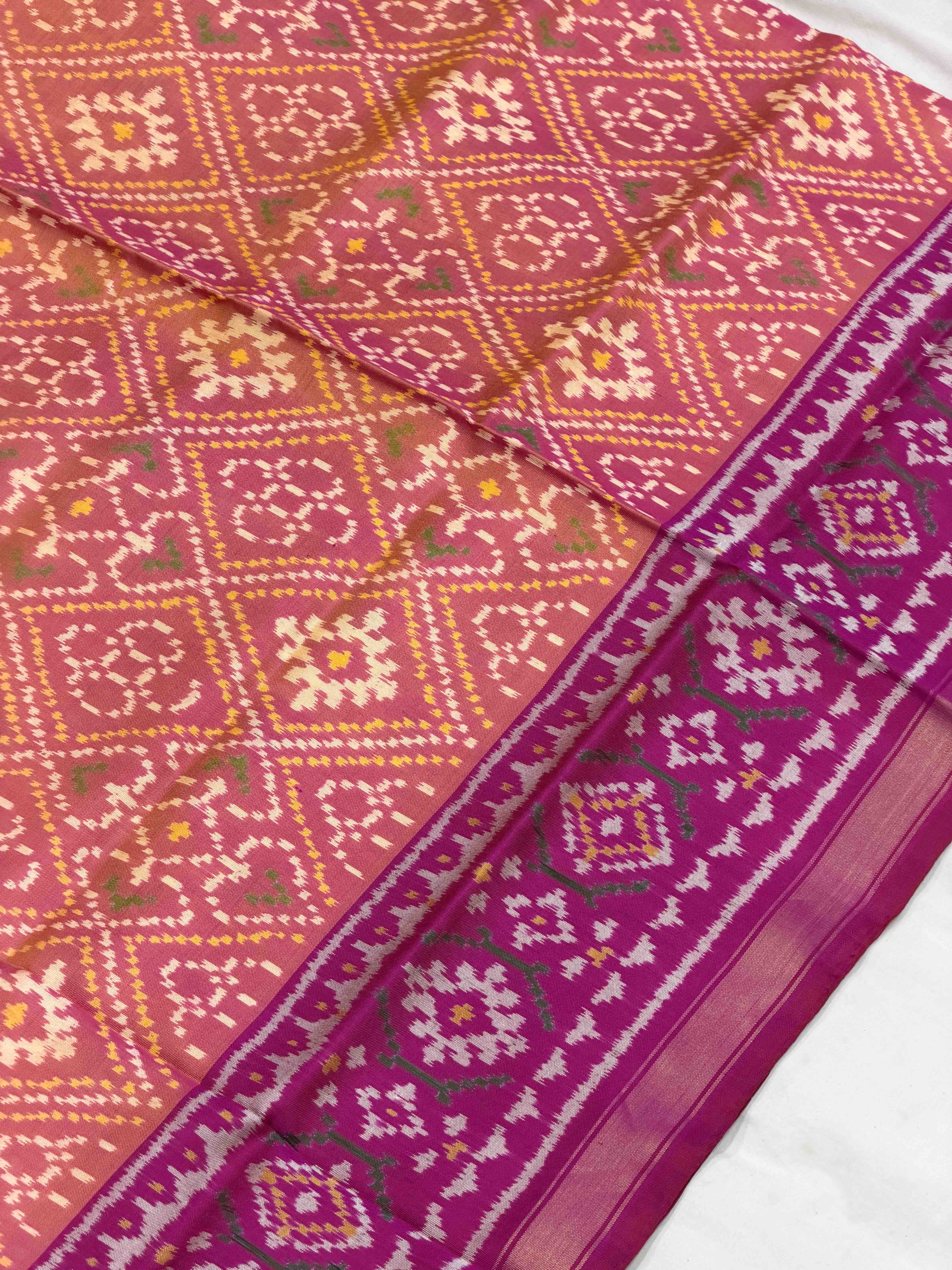 Magenta pink & Peach panchanda small border patola saree