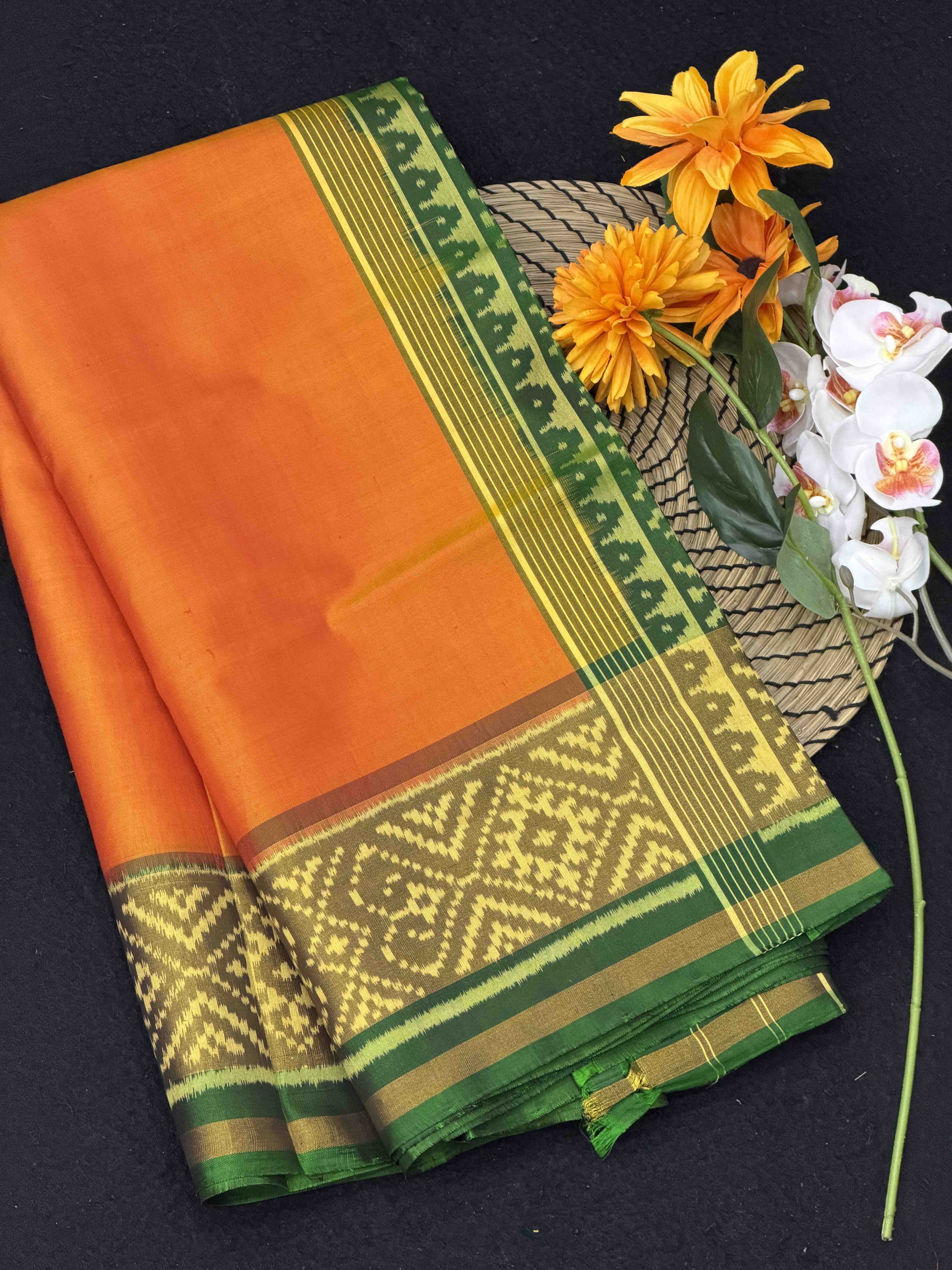 Green & Rust orange Gala border Patola Saree