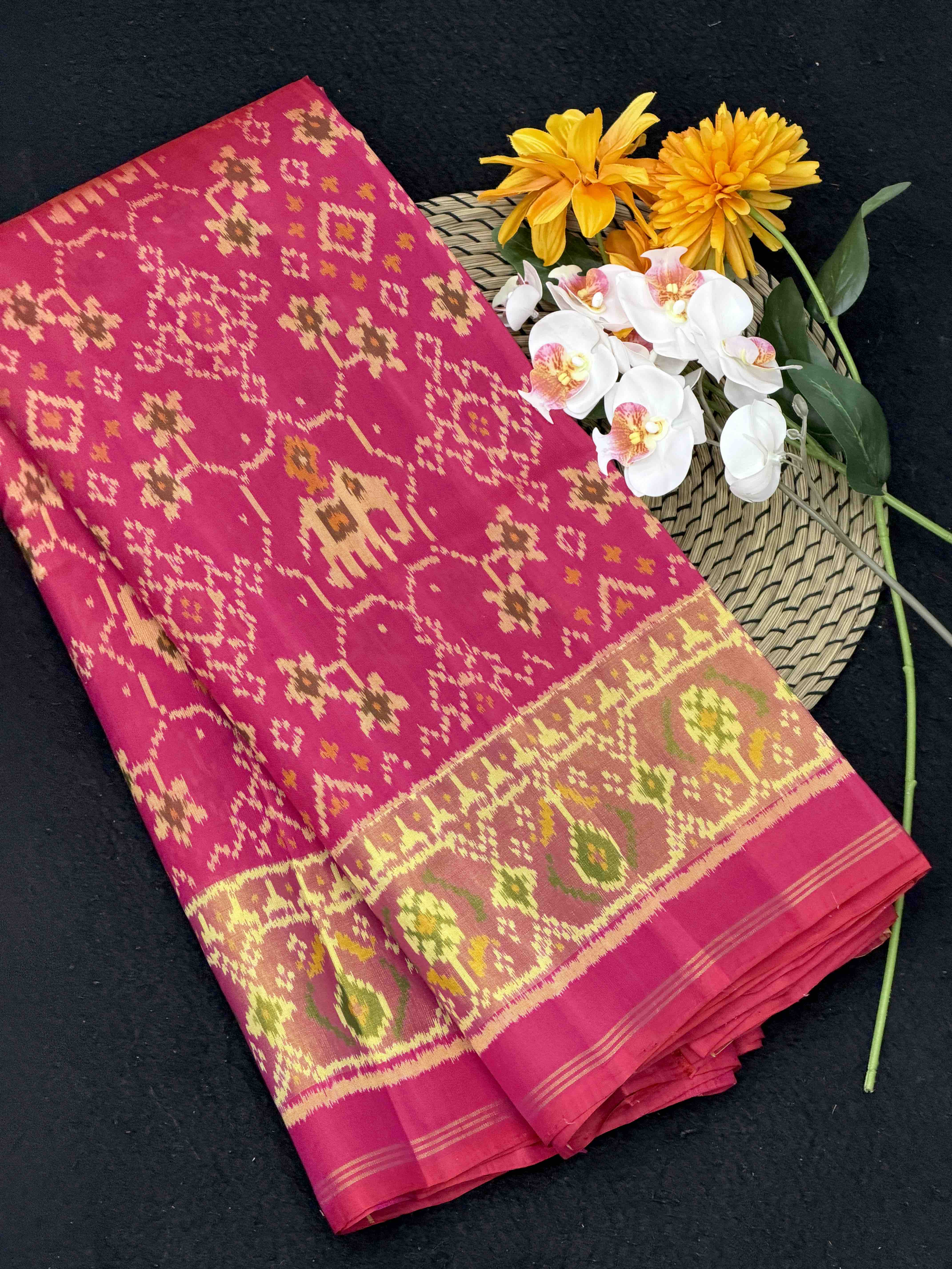 Pink Navaratan Hathi tissue border Patola Saree