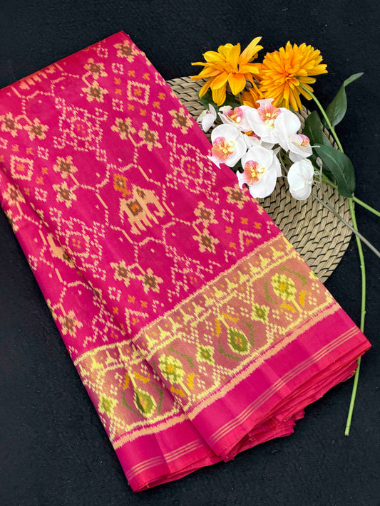 Pink Navaratan Hathi tissue border Patola Saree