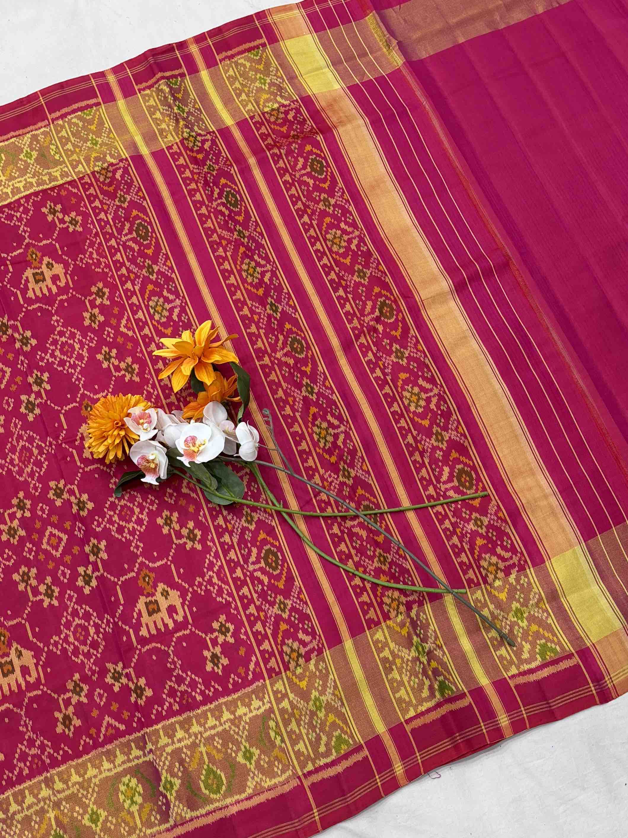 Pink Navaratan Hathi tissue border Patola Saree