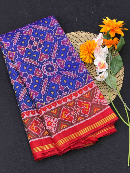 Red & Blue Manekchawk Single ikat Patan Patola