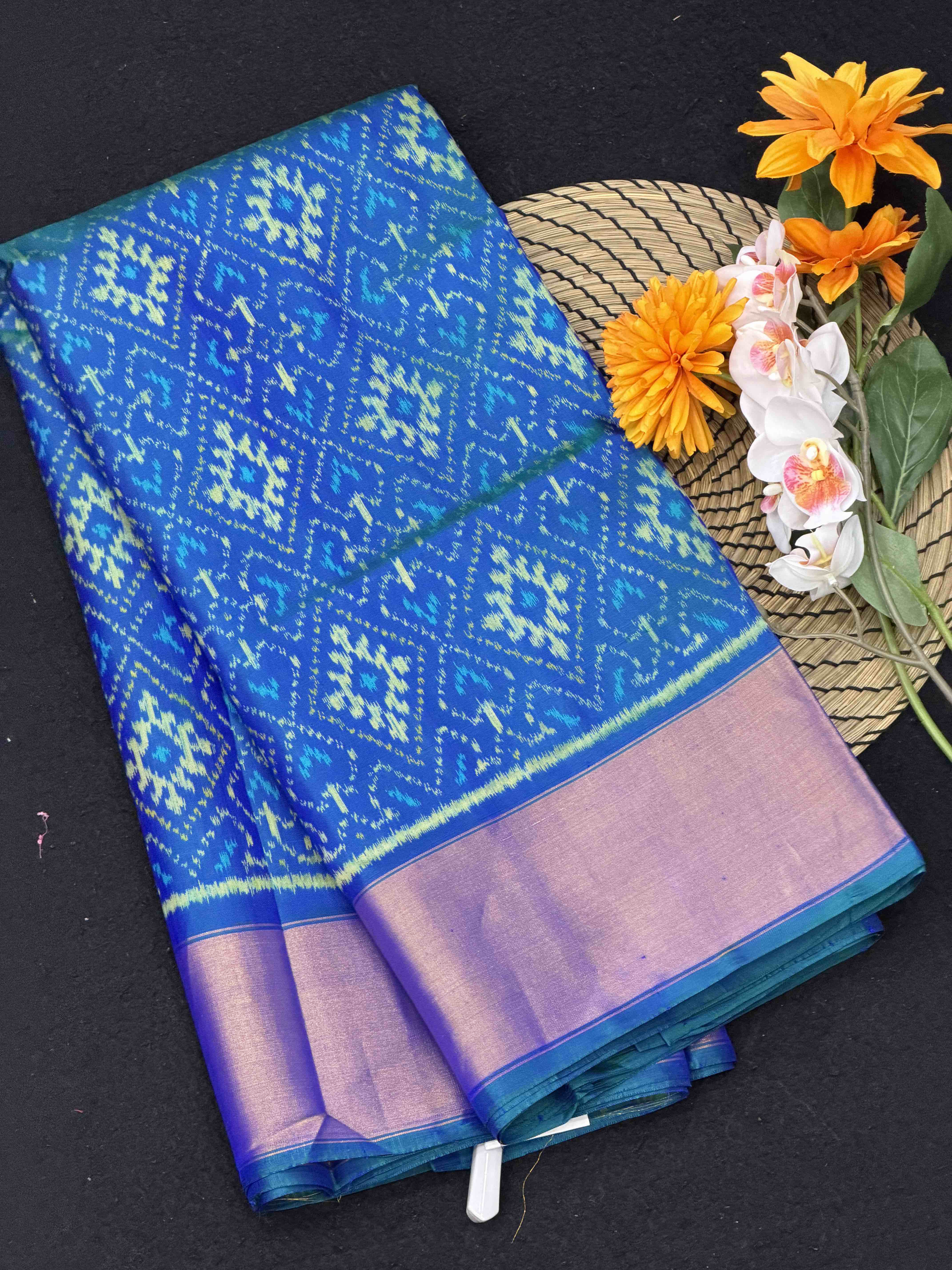 Peacock Blue Broad tissue border Rajkot Patola Saree