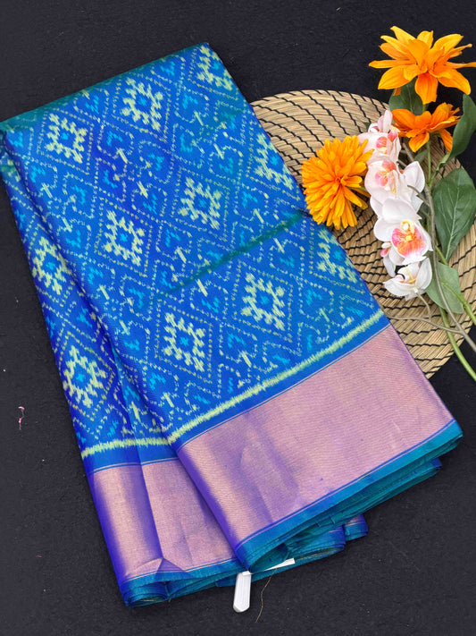 Peacock Blue Broad tissue border Rajkot Patola Saree