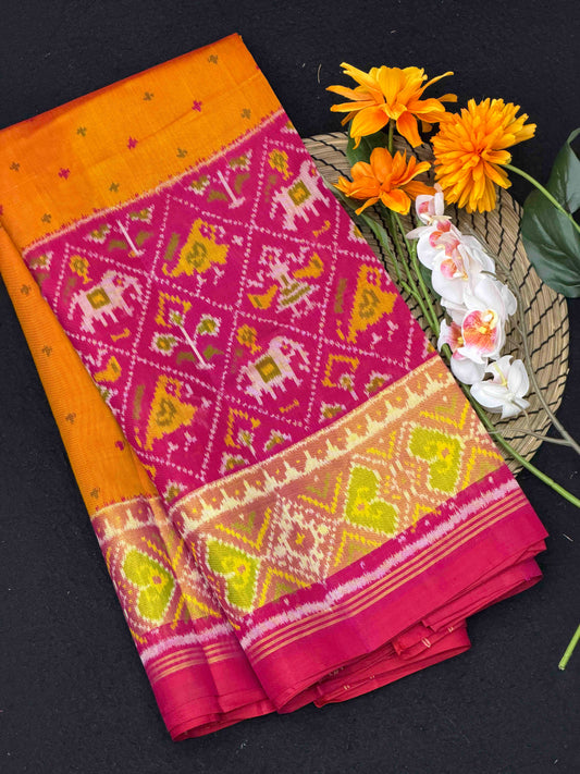 Pink & Musterd Skirt border Rajkot Patola Saree