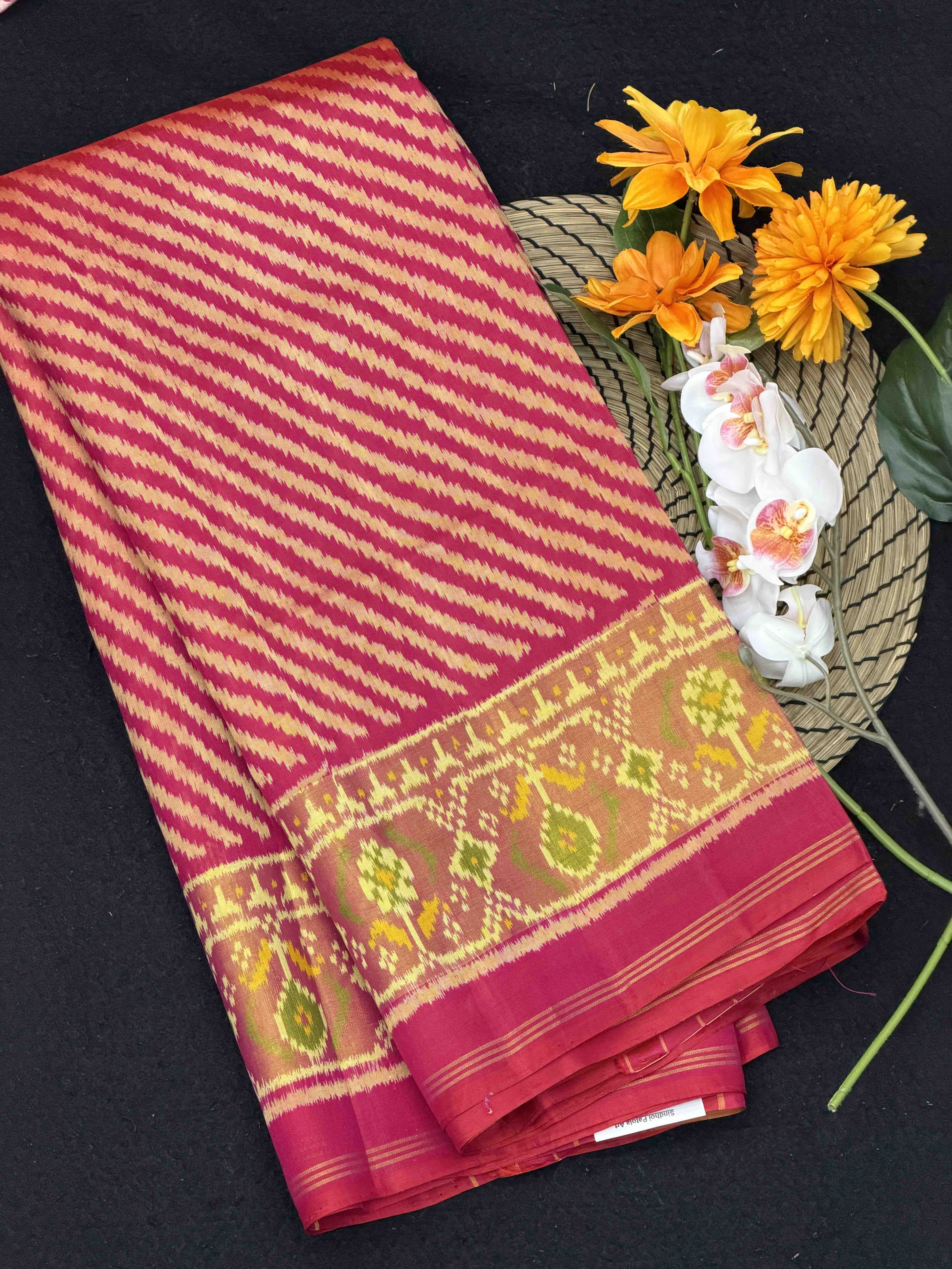 Pink Tissue Border laheriya pattern Rajkot Patola Saree