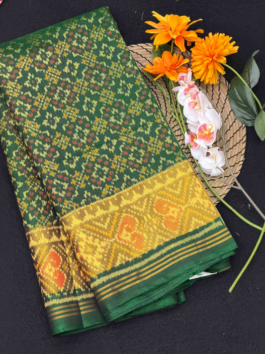 Green tissue border button ful Patola Saree