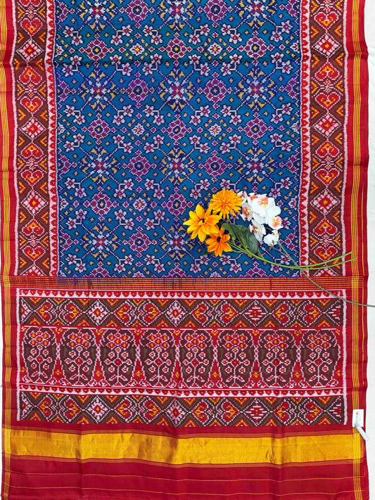Red & peacock Blue Navaratan Single ikat Patan Patola