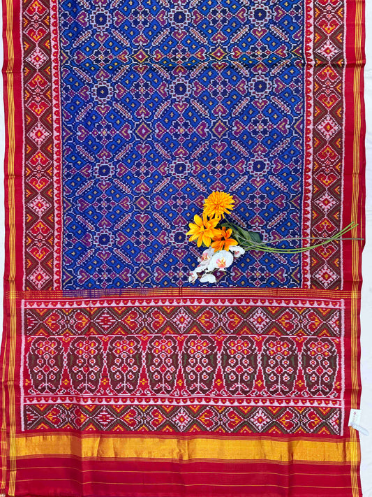 Red & Blue Manekchawk Single ikat Patan Patola