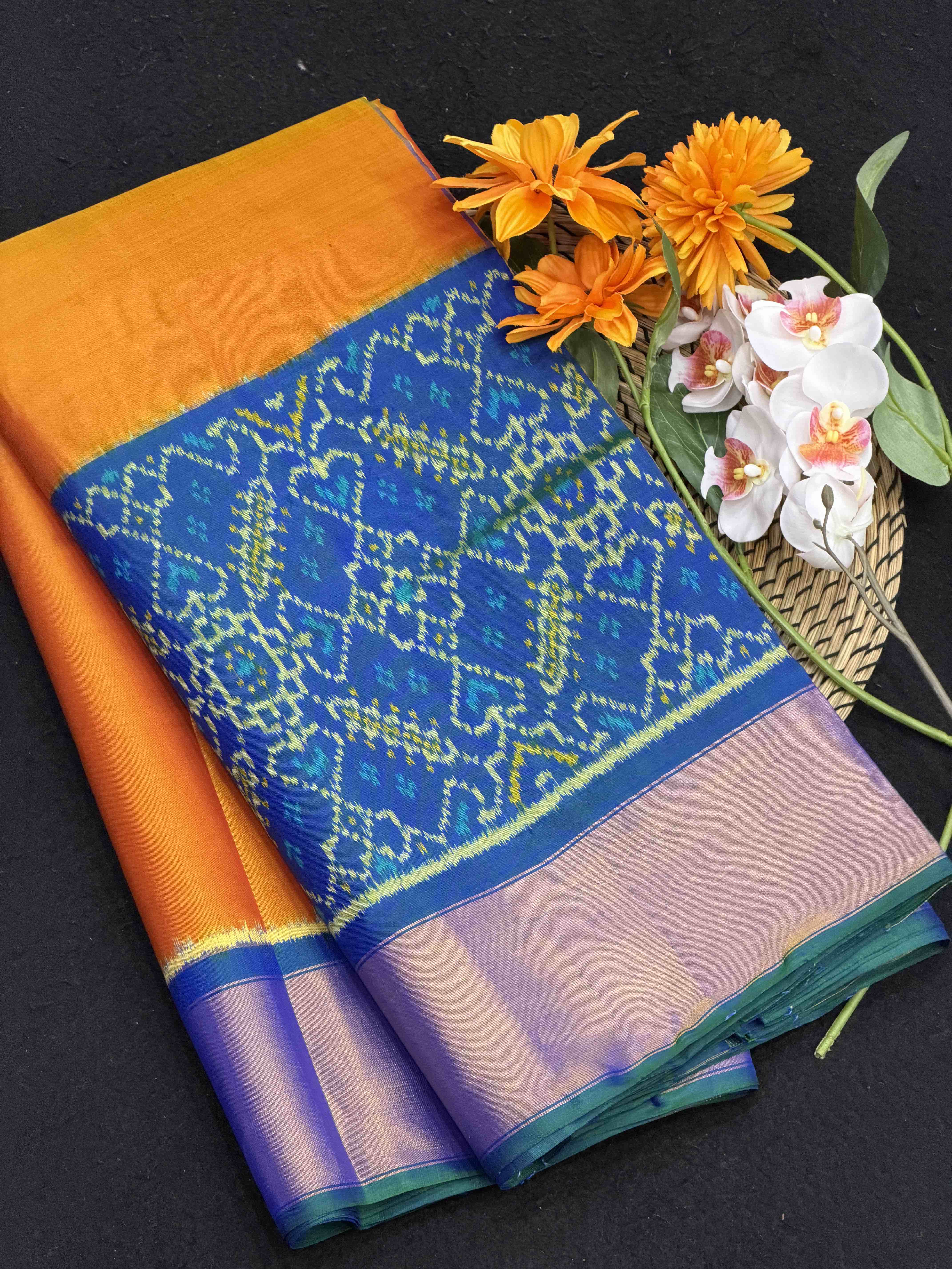 Peacock blue & orange skirt border Rajkot Patola Saree