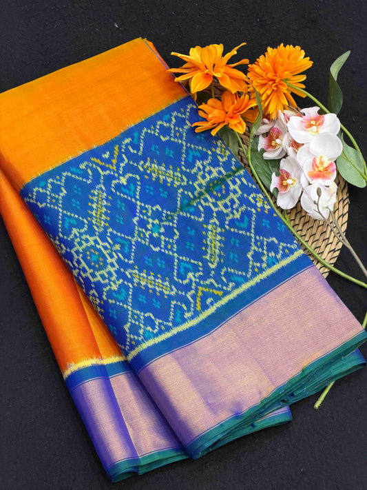 Peacock blue & orange skirt border Rajkot Patola Saree