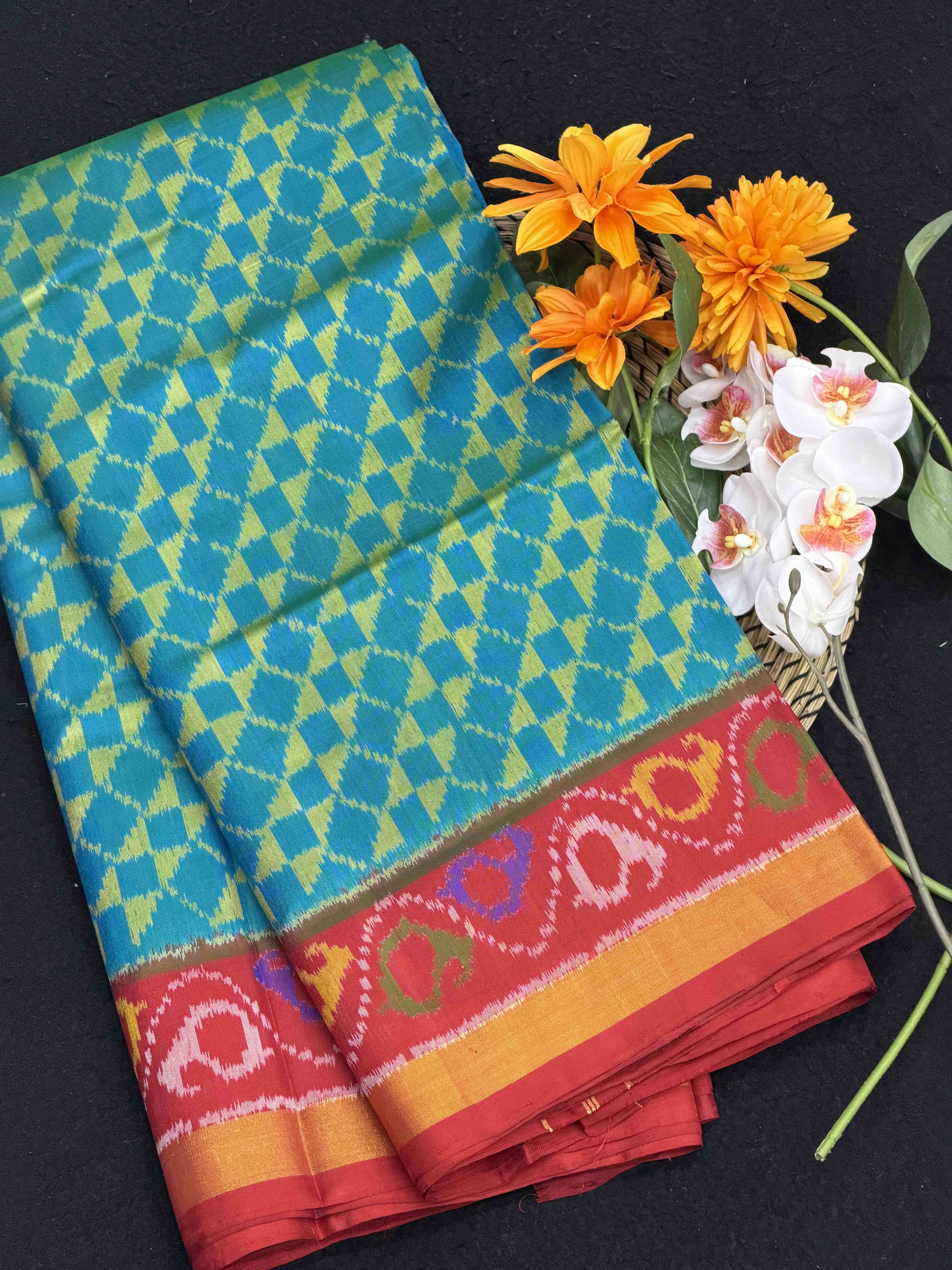Red & Teal Blue laheriya style fancy Patola